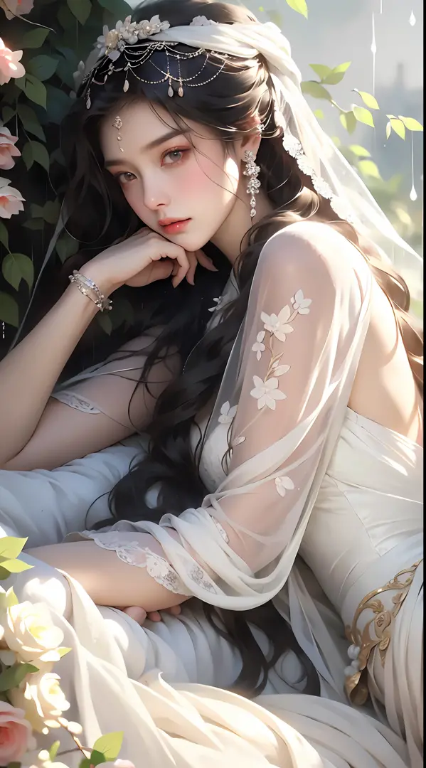 1 girl, full body photo, flaxen hair, flowing hair, hazy beauty, extremely beautiful facial features, white embroidered dress, hairpins on her head, lying in a bush, hand dragging chin, perfect hand, roses, (spring, rainy day, butterfly, cliff), simple vec...