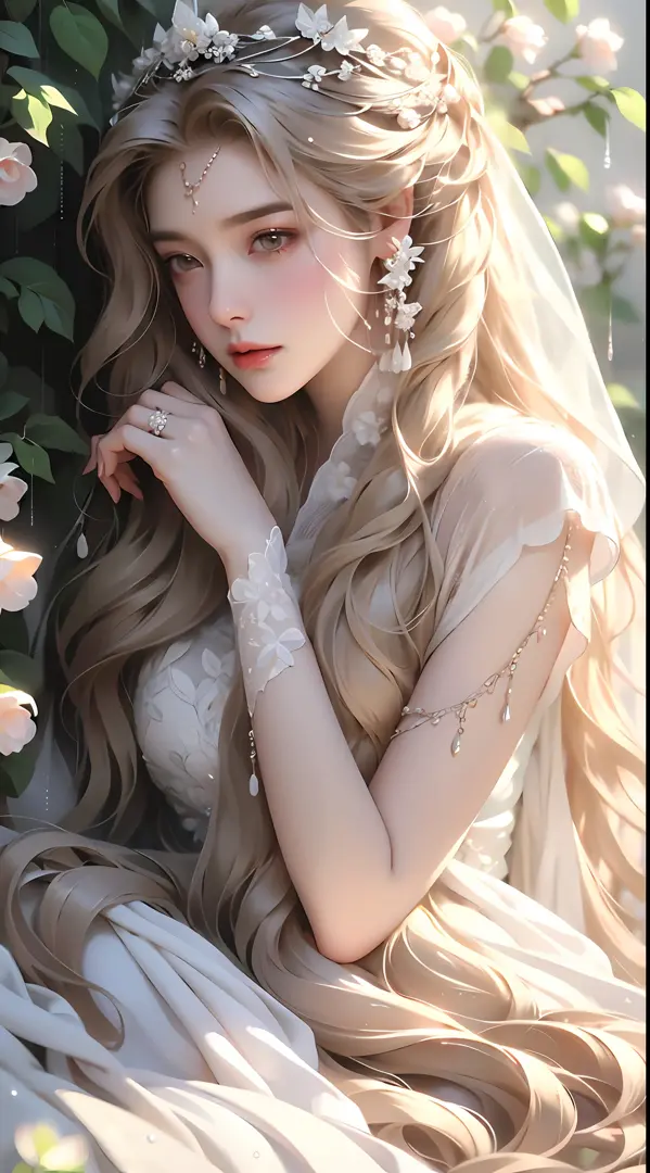 1 girl, full body photo, flaxen hair, flowing hair, hazy beauty, extremely beautiful facial features, white embroidered dress, hairpins on her head, lying in a bush, hand dragging chin, perfect hand, roses, (spring, rainy day, butterfly, cliff), simple vec...