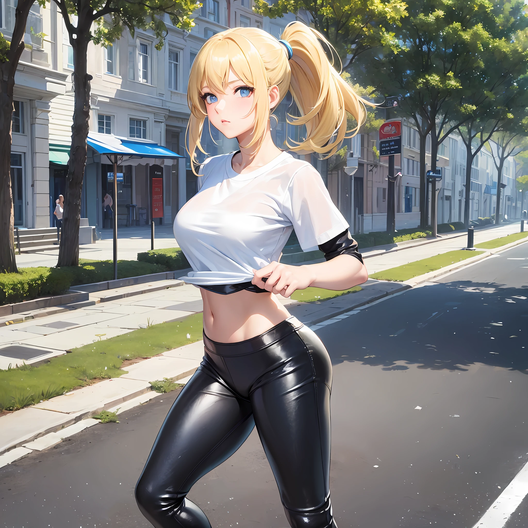 (masterpiece, best quality) 1.5, 1girl, solo, (sexy, beautiful woman, perfect face, perfect eyes), samus aran, leather legging pants, tired, white t-shirt with neckline, white sneakers, running in the park, (blue eyes, blonde hair, ponytail) --auto --s2