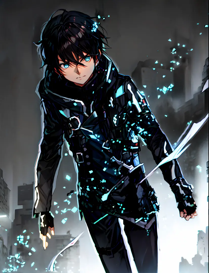 Black jacket, Kirito-based, anime style, dark hair, blue eyes