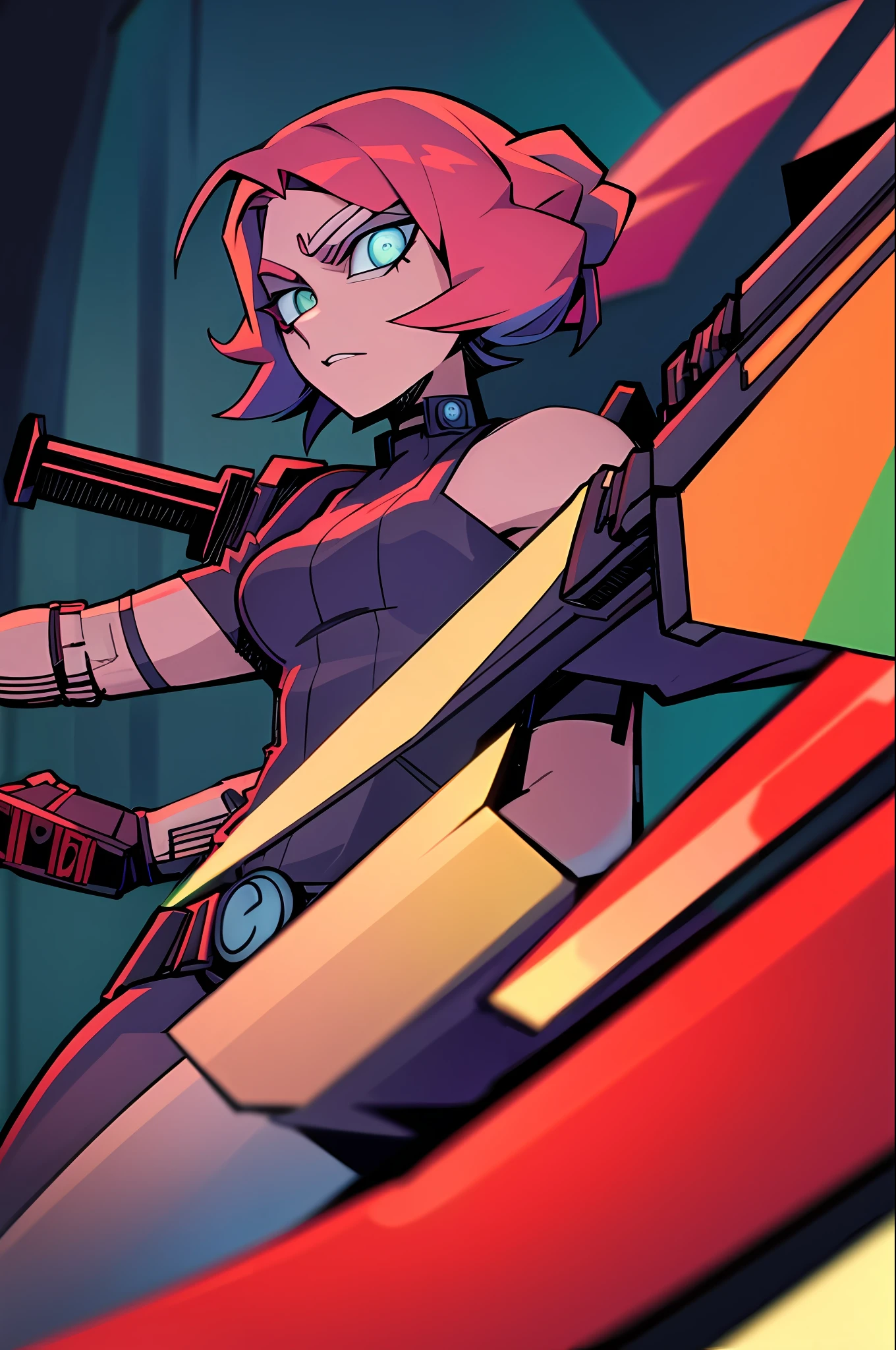 Photorealistic masterpiece in high resolution, best quality, with flat colors and amazing splash paints. Composition of the face, with 1 girl with short colored hair and cyberlimbs, wielding a katana. All this in a cyberpunk setting