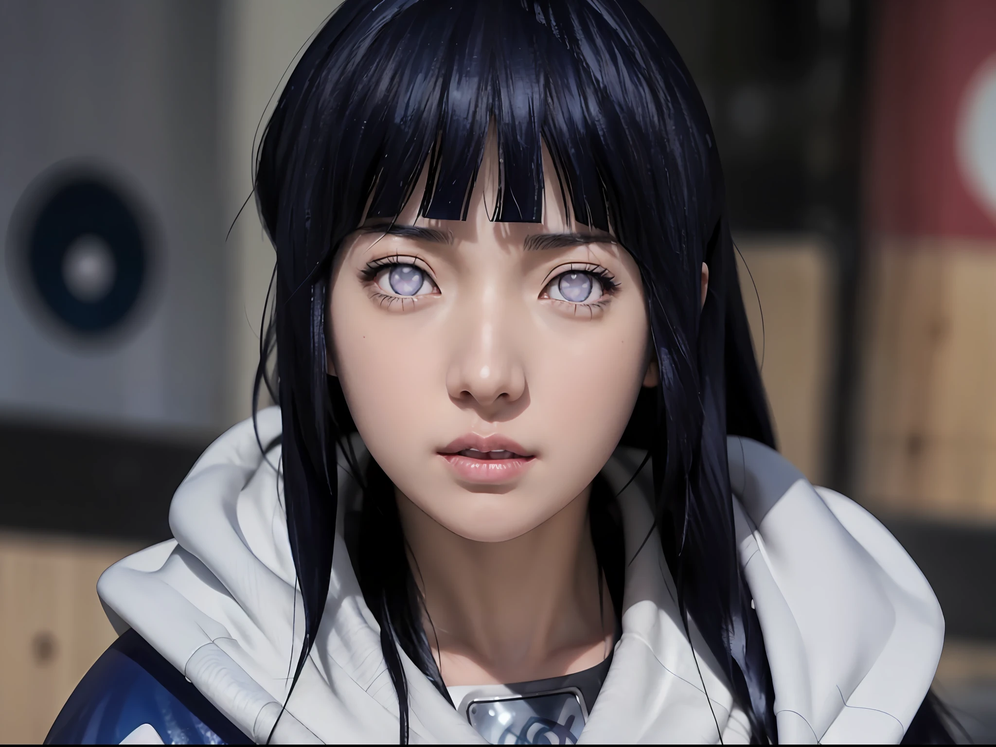 a close up of a person with long hair and a hoodie, hinata hyuga, hinata hyuga from naruto, from naruto, as an anime character, perfect anime face, she has dark blue hair with bangs, female anime character, anime character, anime best girl, hime cut hairstyle, dark blue hair, (red glossy lips:1.3), light purple eyes