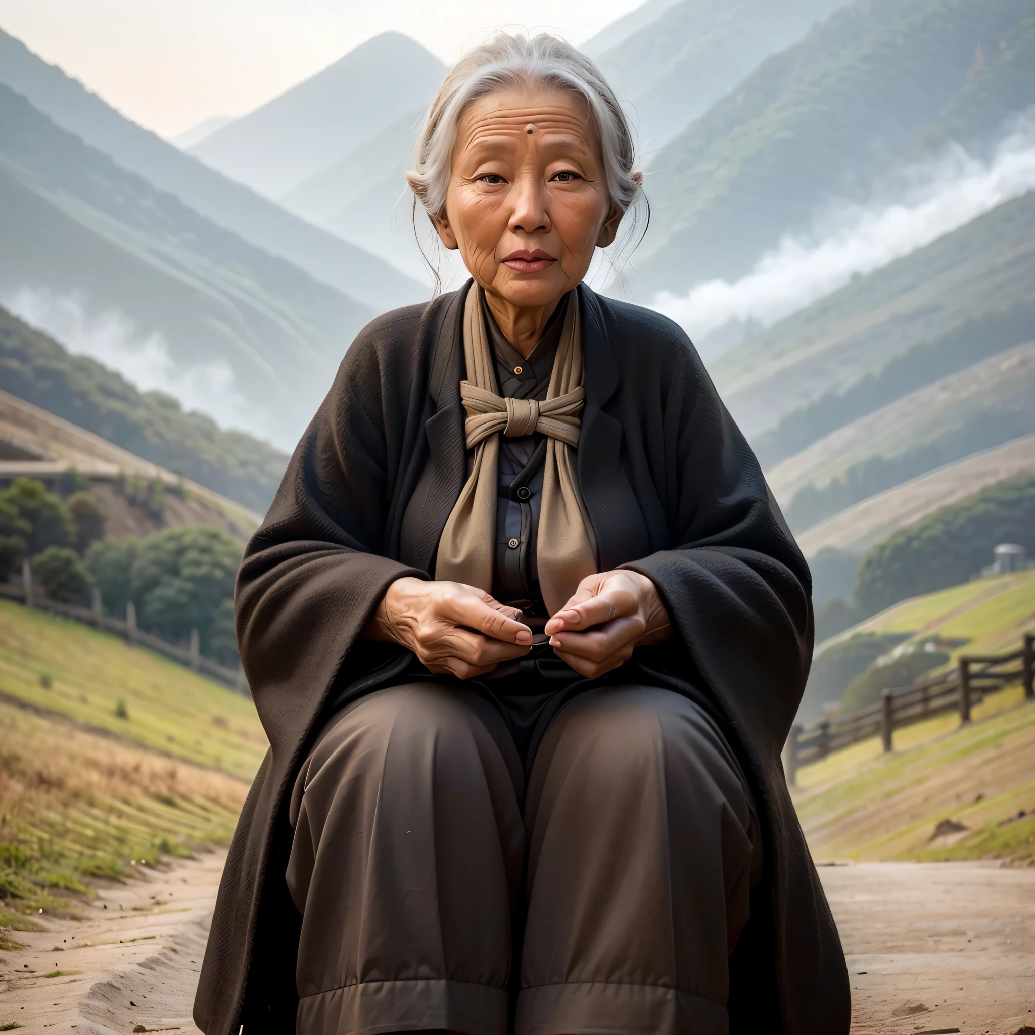 an 老妇人 sitting on a dirt road in front of mountains, 韩国女人, 中国女人, 老妇人, 亚洲女人, by Fei Danxu, by Li Zai, 老太太, perfectly 居中肖像, 作者：杨博润, 肖像照, 居中肖像, 作者 Kim Tschang Yeul, an 老太太, by Liang Kai, 和平的表达