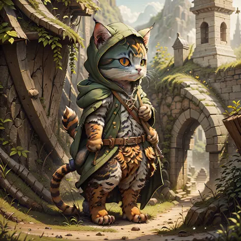 There is an archer cat with green hood, cute detailed digital art, adorable digital painting, costume matte painting, cute, real...