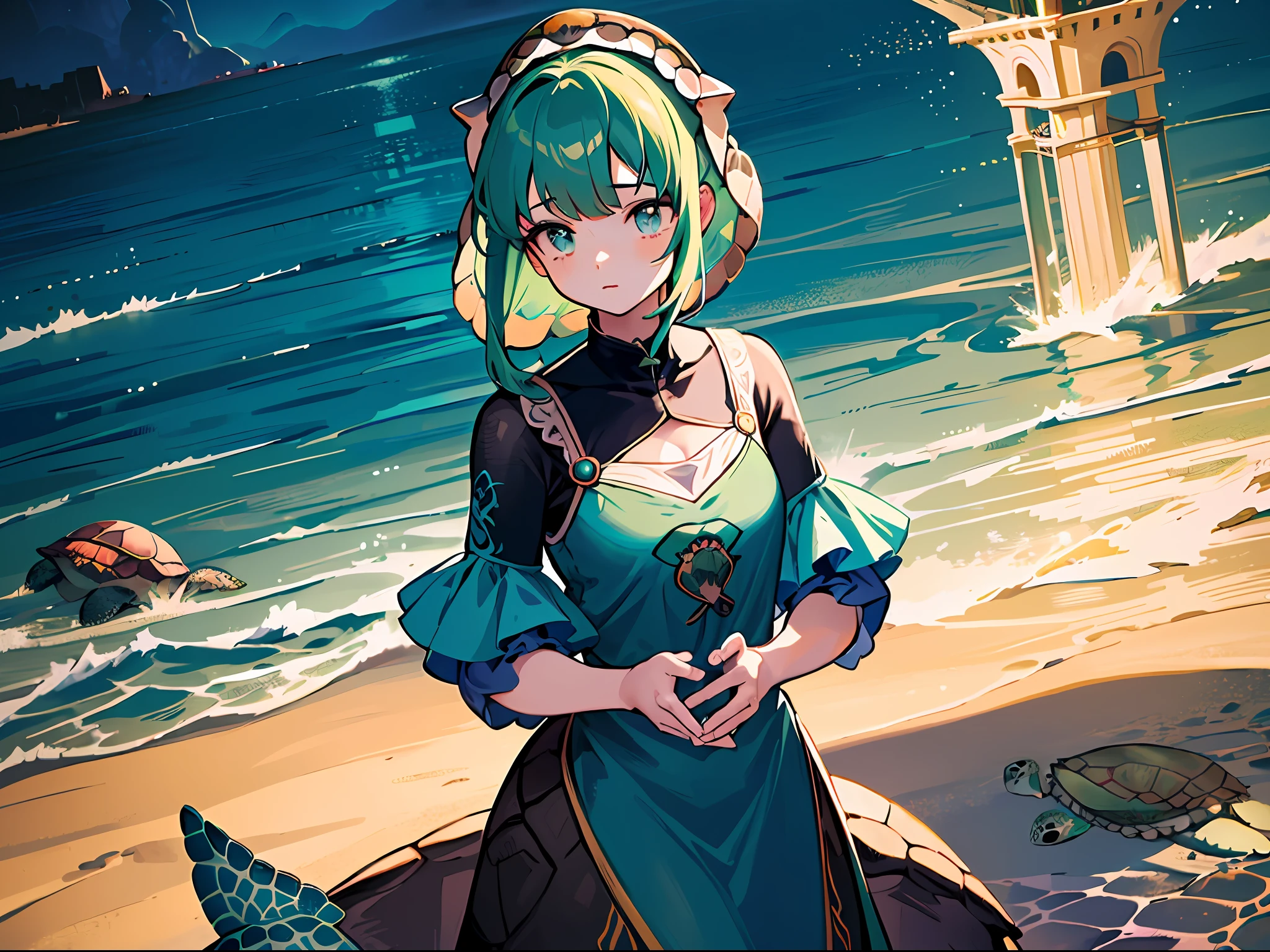 (an extremely detailed and beautiful),(best illuminated and best-shadowed),(1girl),modest clothes,(((sea turtle theme))), (beach:1.4),masterpiece,ghibli, official art, gorgeous, dramatic, cinematic lighting, beautiful eyes, turquoise blue, cute outfit, bright green hair,brown eyes,