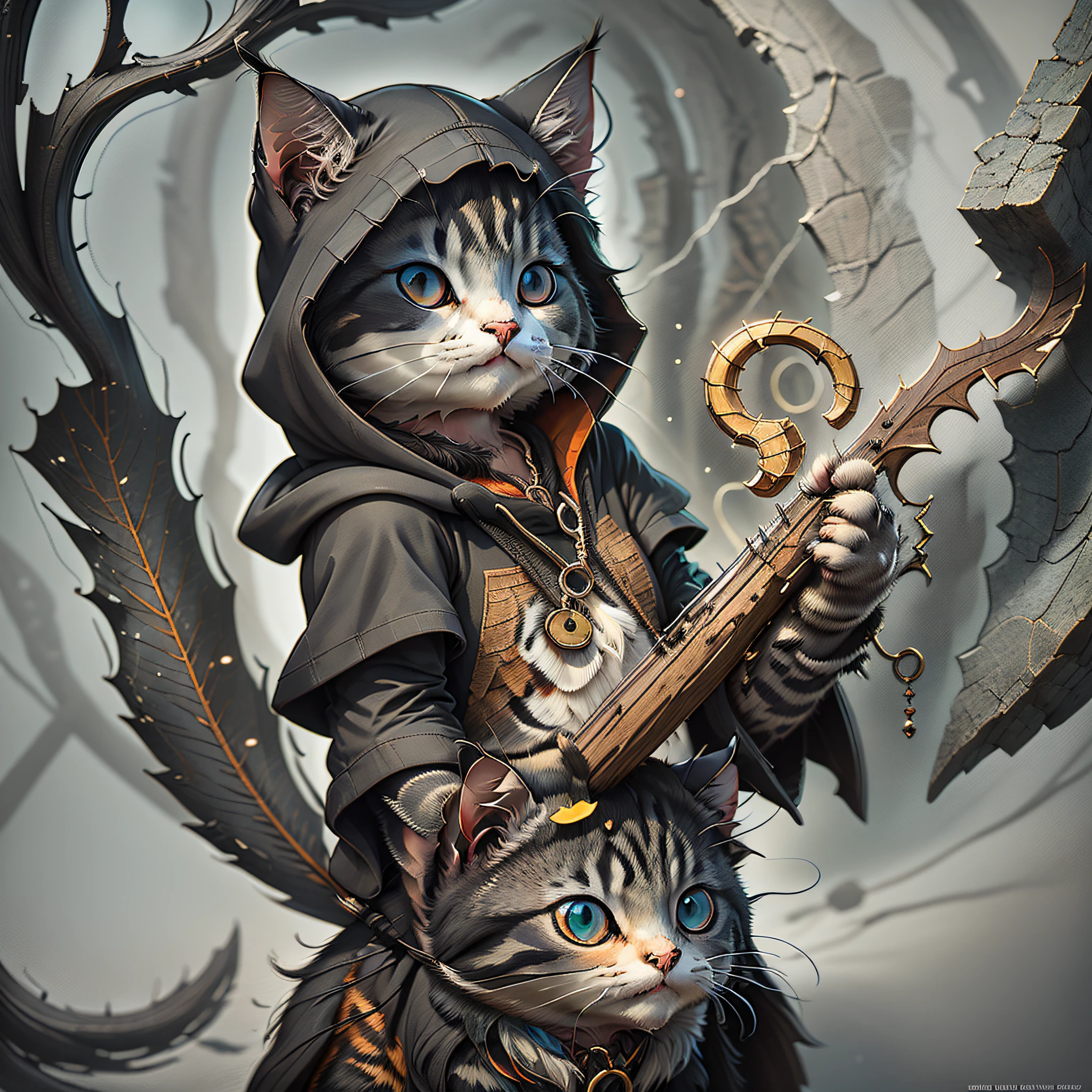 There is a cat with black hooded killer costume, RPG, cute detailed digital art, adorable digital painting, matte fantasy painting, cute, realistic fantasy illustration, hyperrealistic fantasy art, beautiful digital art, beautiful detailed art, Magali Villeneuve graphic artist, realistic fantasy art, highly detailed 4k digital art, 2D detailed digital fantasy art, Behance fantasy art