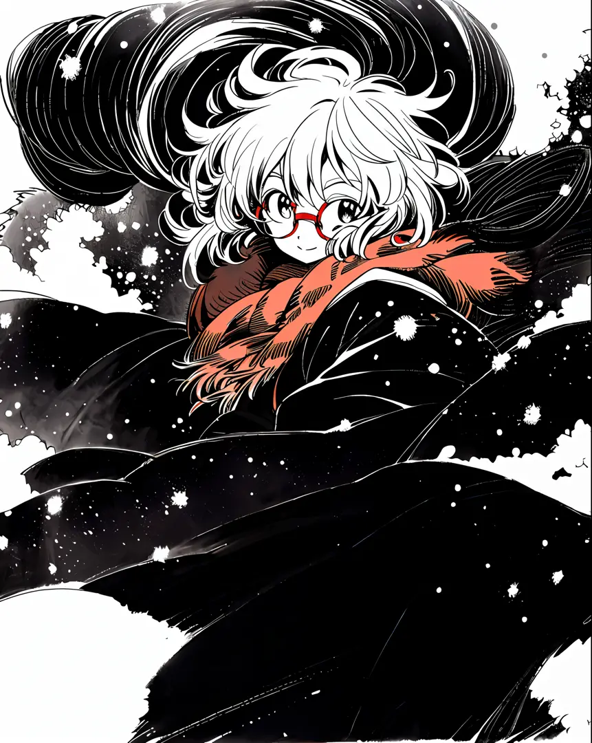 mirai kuriyama wearing casual winter clothes, snowing, vhs, vintage, cap, red glasses, (hair covering eyes), black coat, manga s...