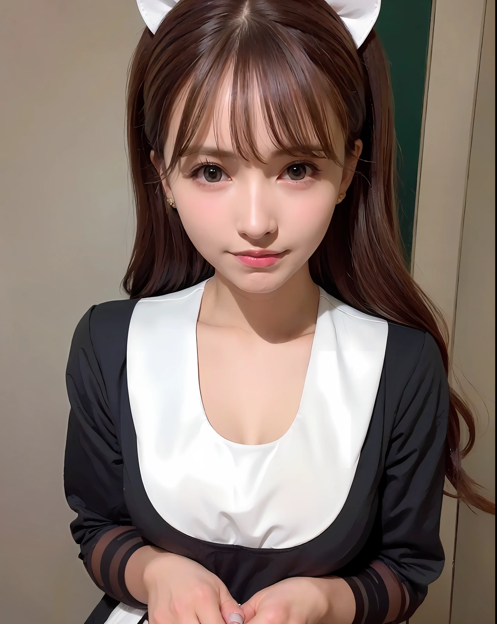 best quality, photorealistic, 8k, high res, 1girl, woman, (skindentation), (professional lighting), (portrait:0.6), (maid dress:1.897), gorgeous, ((brown hair)), (medium hair:1.6), (flowing hair:1.4), (1girl eyes looking at viewer:1), ((looking at viewer:1.6)), (1girl looking at the camera), photorealistic, (bokeh), (portait:0.6), (dynamic pose:1.2), masterpiece, intricate, realistic, sharp focus, award-winning photograph, sfw, (smile:1),