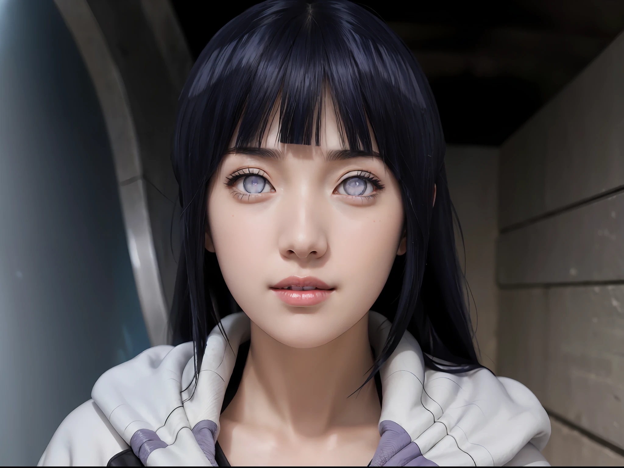 a close up of a person with long hair and a hoodie, hinata hyuga, hinata hyuga from naruto, from naruto, as an anime character, perfect anime face, she has dark blue hair with bangs, female anime character, anime character, anime best girl, hime cut hairstyle, dark blue hair, (red glossy lips:1.3), light purple eyes, smile,  (beautiful face:1.3)