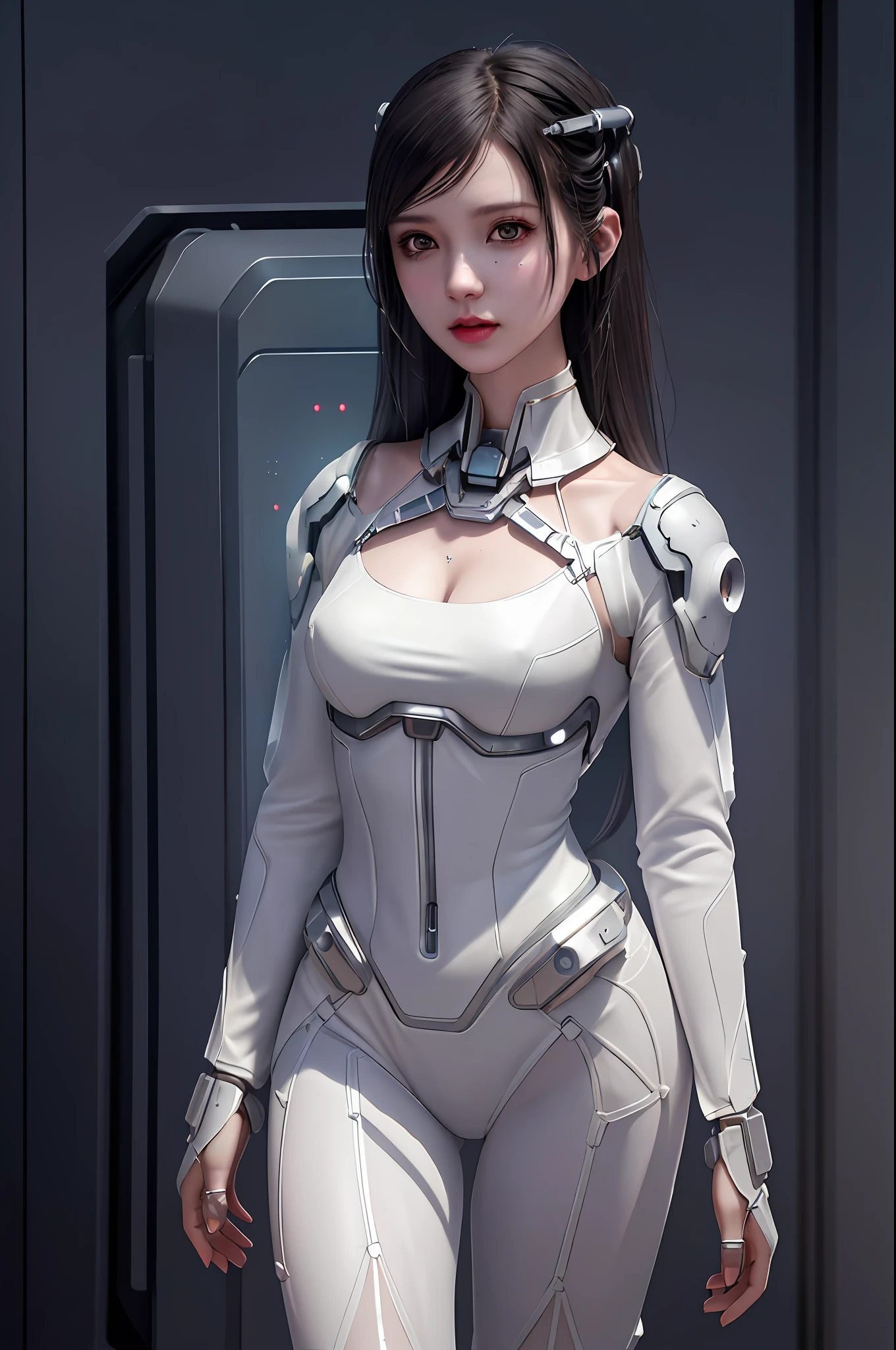 Dystopian, [sci-fi], High Detail RAW color Photo, Full Shot, of (cute female arterial intelligence, cybernetic enhancements), indoors, standing, (inside cryogenic chamber, in advanced cyberpunk research facility), toned physique, (small perky breasts, normal, large ass, (pale skin), (cybernetic implants:1.2), (augmentations), (cyborg:1.1), (detailed skin, diffused skin pores), silicone, metal, (highly detailed, fine details, intricate), (lens flare:0.4), (bloom:0.4), diffused soft lighting, raytracing, shallow depth of field, (Oliver Wetter), photographed on a Canon EOS 5D, 90mm micro lens, f/8, sharp focus, smooth, cinematic film still from Blade Runner 2049, [Cyberpunk:Dieselpunk:0.25]