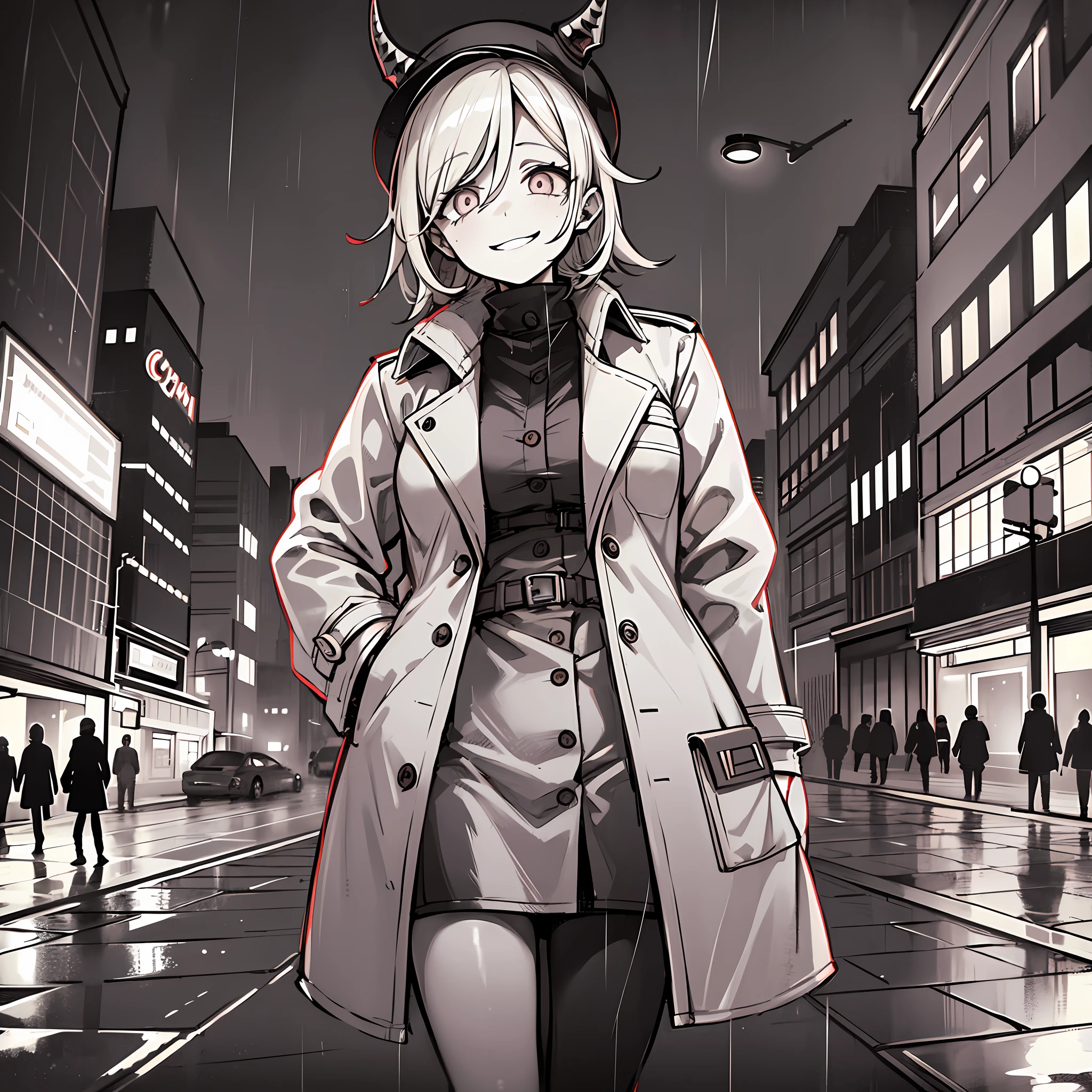 1girl, creepy smile, crazy eyes, trenchcoat, rain, street, streetlight, night, looking at viewer, milf, tall, very tall