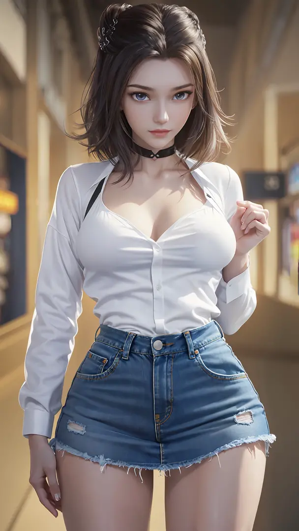 ((dark light, Top Quality, 8k, Masterpiece:1.3)), (Focus:1.2), (in a shopping mall, in China, casual theme, indoor:1.5), (Beauty with slender abs:1.4), ((Layered Haircut, small breast:1.2)), (look through white open shirt:1.6), {no bra:1.5}, (soft clothes,...