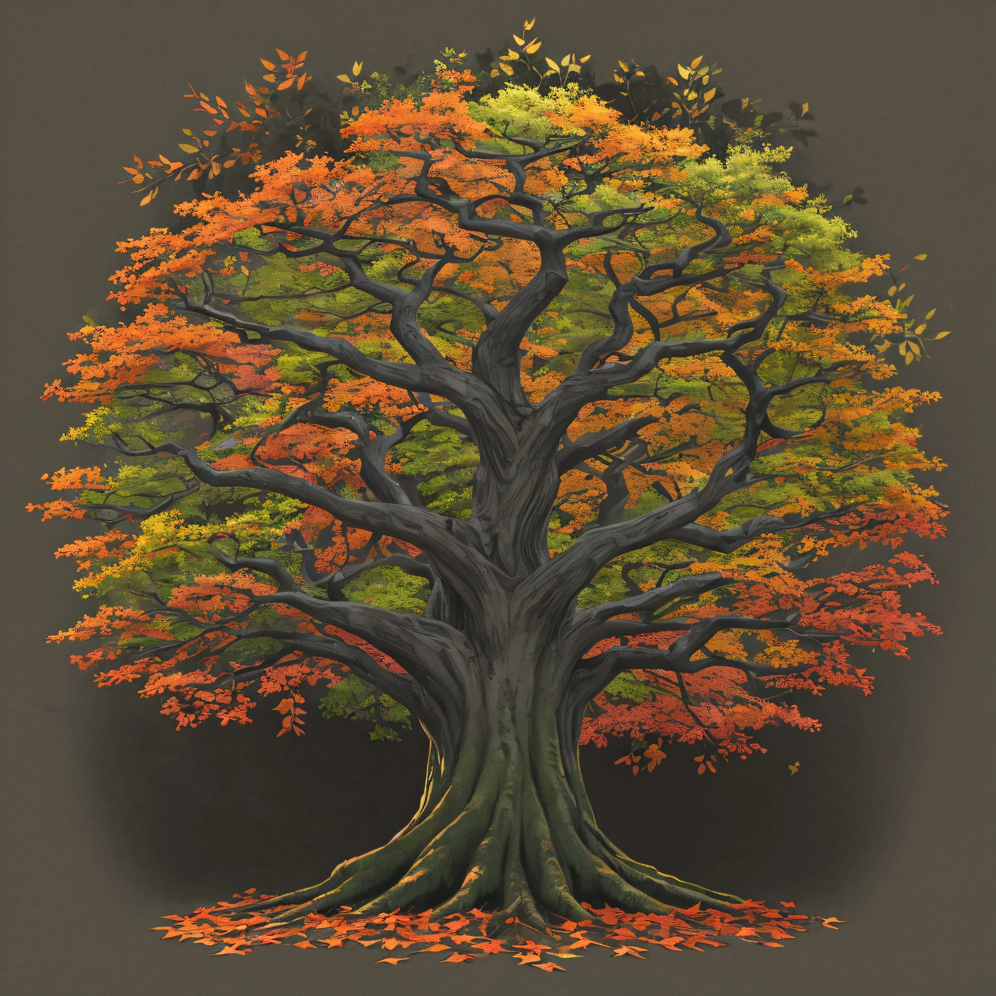 Baum des Lebens, Laubbaum, thick trunk, mit bunten Blättern und Blüten, dunkler Hintergrund, Nachtaktiv, grau.