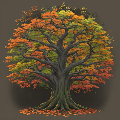 tree of life, leafy tree, thick trunk, with colorful leaves and flowers, dark background, nocturnal, gray.