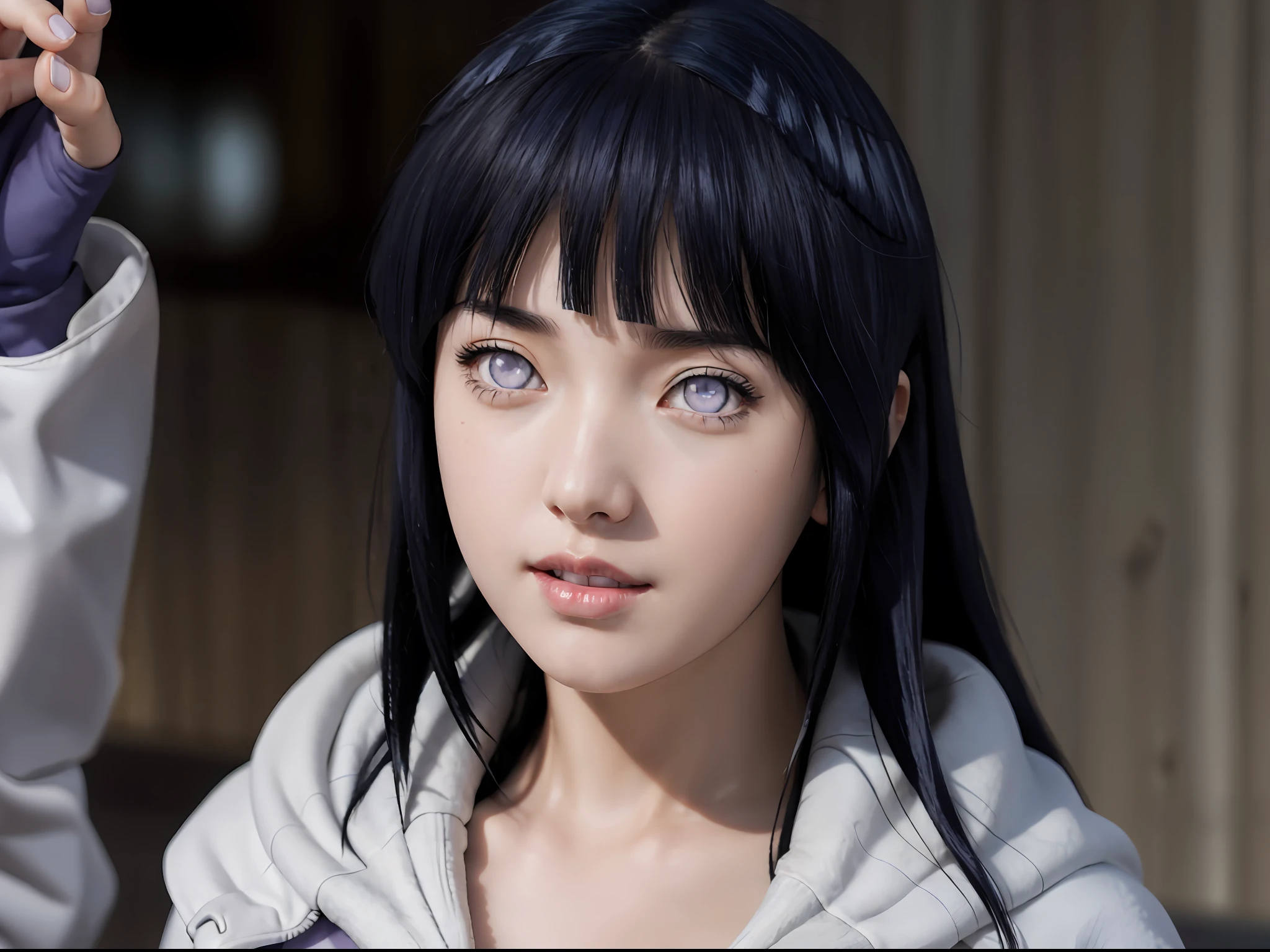 a close up of a person with long hair and a hoodie, hinata hyuga ...