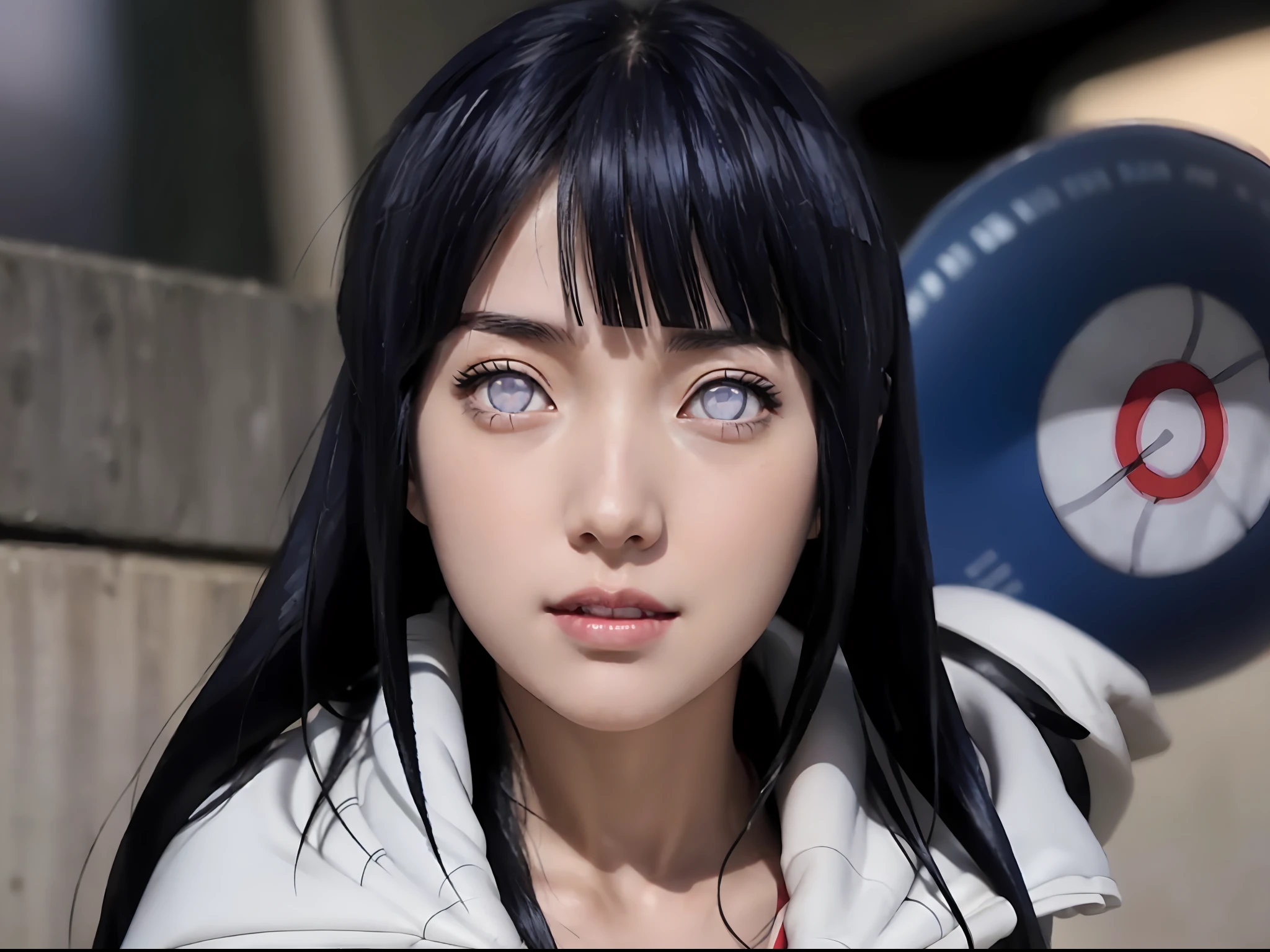 a close up of a person with long hair and a hoodie, hinata hyuga ...