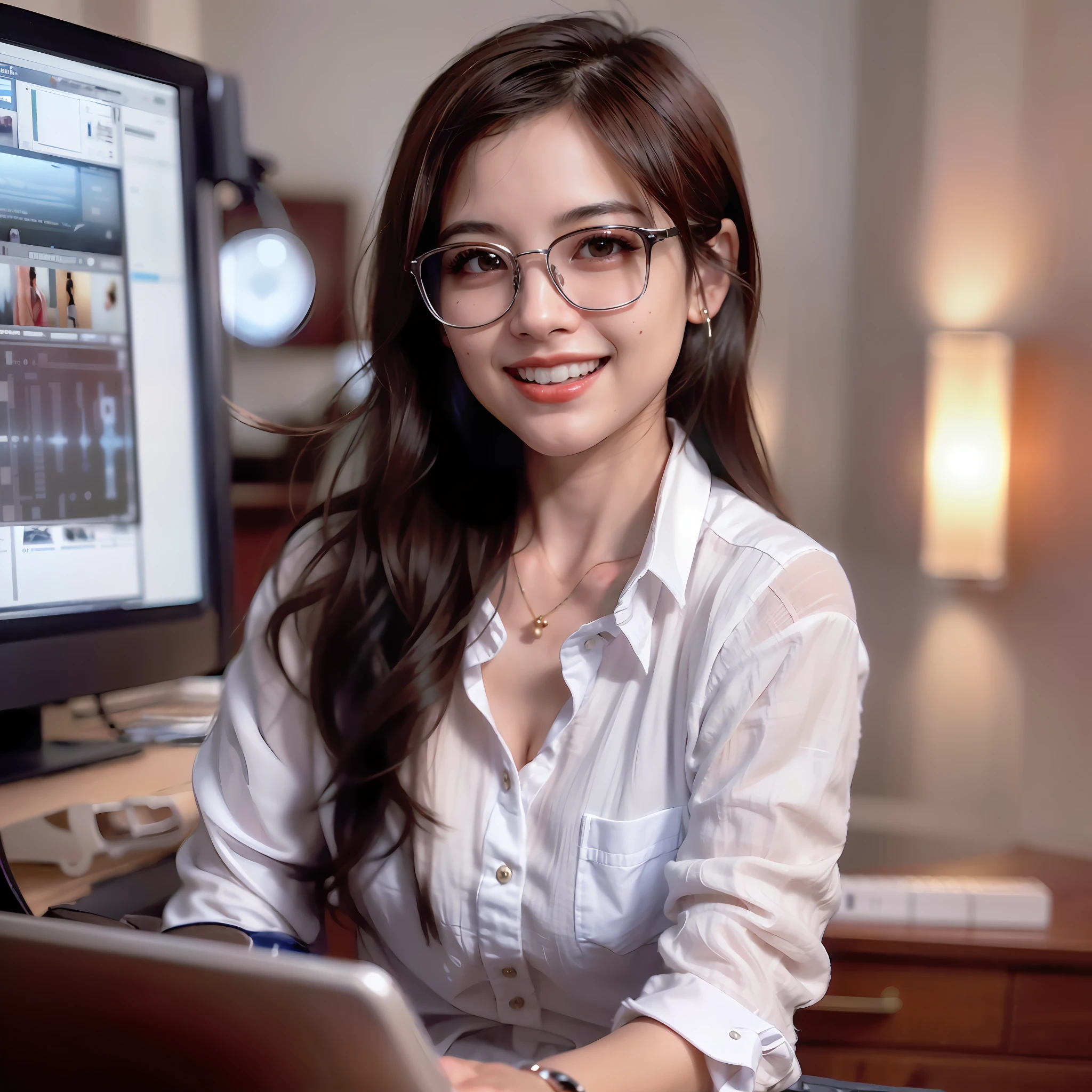 (Best Quality, Professional Photo), (Women's Professional Attire, Young White Collar, Glasses with Clear Details), (Professional Programming, Office Environment, Computer Work), (Perfect Professional Image, Smile 1.3, Brunette 1.2), Highlight Light Effect, Soft Shadows.