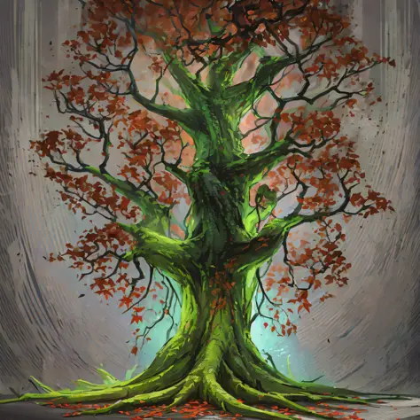 tree of life, leafy tree, thick trunk, with colorful leaves and flowers, dark background, nocturnal, gray.