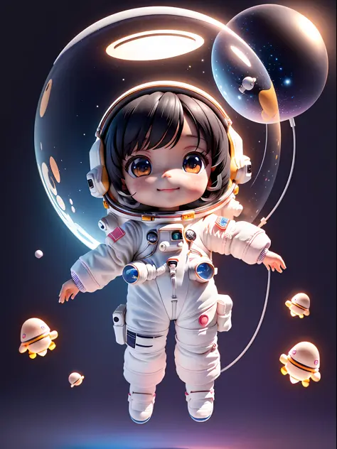 Super cute girl full body 3D drawing, 1pc, good looking eyes, big eyes, cute, happy, c4d, pop matt blind box, glowing bubbles, toys, solid color background, chibi, fluorescent translucency, luminous body, kawaii, doll, (((astronaut, white spacesuit)))), re...