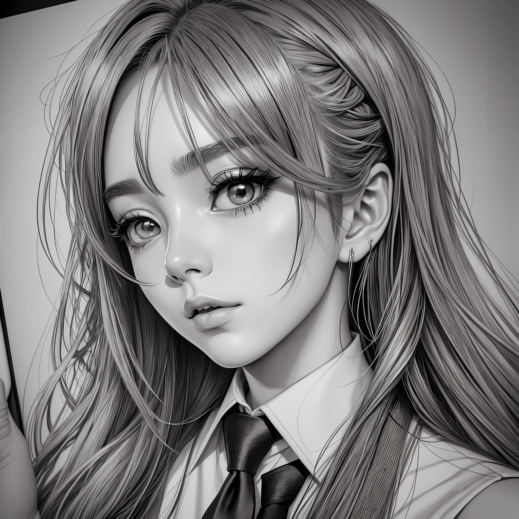 a drawing of a woman with long hair and a tie, a manga drawing inspired by jeonseok lee, trending on deviantart, realism, detailed manga style, manga art style, perfect lineart, beautiful line art, black and white manga style, in style of manga, comic drawing style, beautiful drawing style, high quality sketch art, high quality sketch, digital manga art --auto --s2