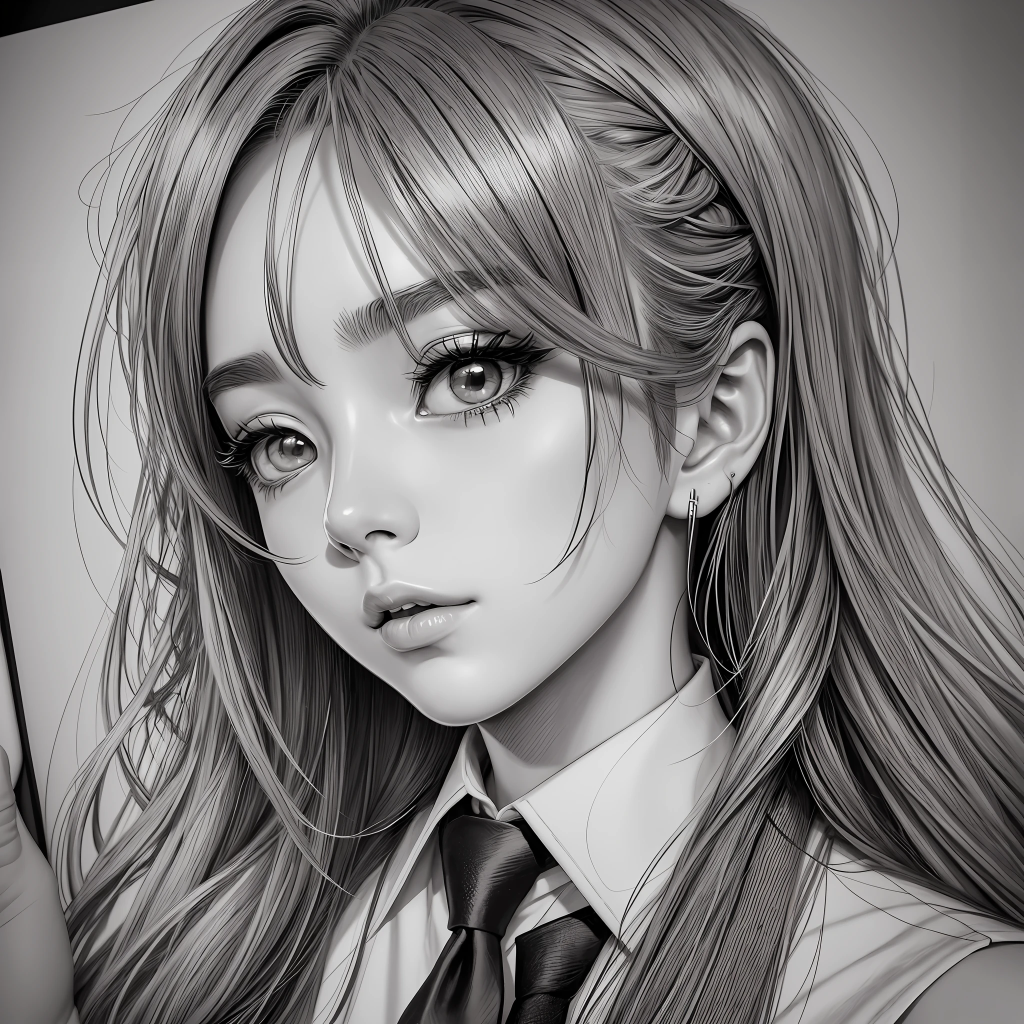 رسم امرأة ذات شعر طويل وربطة عنق, رسم مانغا مستوحى من جيون سوك لي, تتجه على deviantart, الواقعية, أسلوب المانجا مفصل, أسلوب فن المانجا, خطي مثالي, فن الخط الجميل, أسلوب المانجا بالأبيض والأسود, في اسلوب المانجا, أسلوب الرسم الهزلي, أسلوب الرسم الجميل, رسم عالي الجودة art, رسم عالي الجودة, فن مانغا رقمي --auto --s2