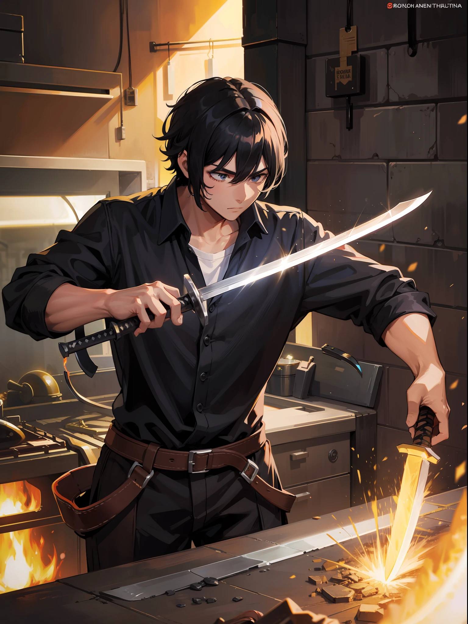 Anime guy with a sword in a kitchen with flames - SeaArt AI