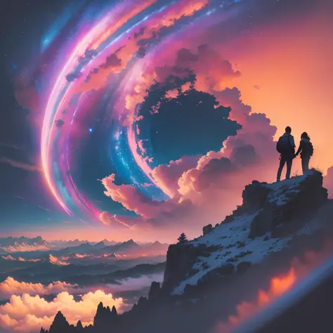 (beautiful skyline, magnificent sky), (intense and dramatic graphics, moving visuals), (hanging north star, colorful natural light), men, white, Latina, with their backs to the sky at the top of the mountain. --auto --s2