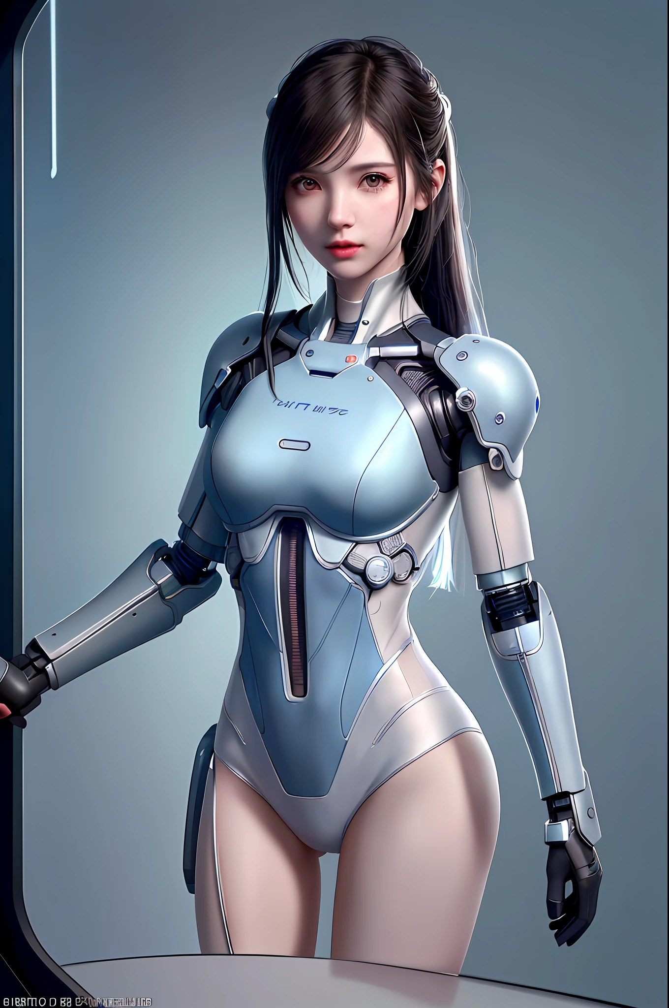 Dystopian, [sci-fi], High Detail RAW color Photo, Full Shot, of (cute female arterial intelligence, cybernetic enhancements), indoors, standing, (inside cryogenic chamber, in advanced cyberpunk research facility), toned physique, (small perky breasts, normal, large ass, (pale skin), (cybernetic implants:1.2), (augmentations), (cyborg:1.1), (detailed skin, diffused skin pores), silicone, metal, (highly detailed, fine details, intricate), (lens flare:0.4), (bloom:0.4), diffused soft lighting, raytracing, shallow depth of field, (Oliver Wetter), photographed on a Canon EOS 5D, 90mm micro lens, f/8, sharp focus, smooth, cinematic film still from Blade Runner 2049, [Cyberpunk:Dieselpunk:0.25]