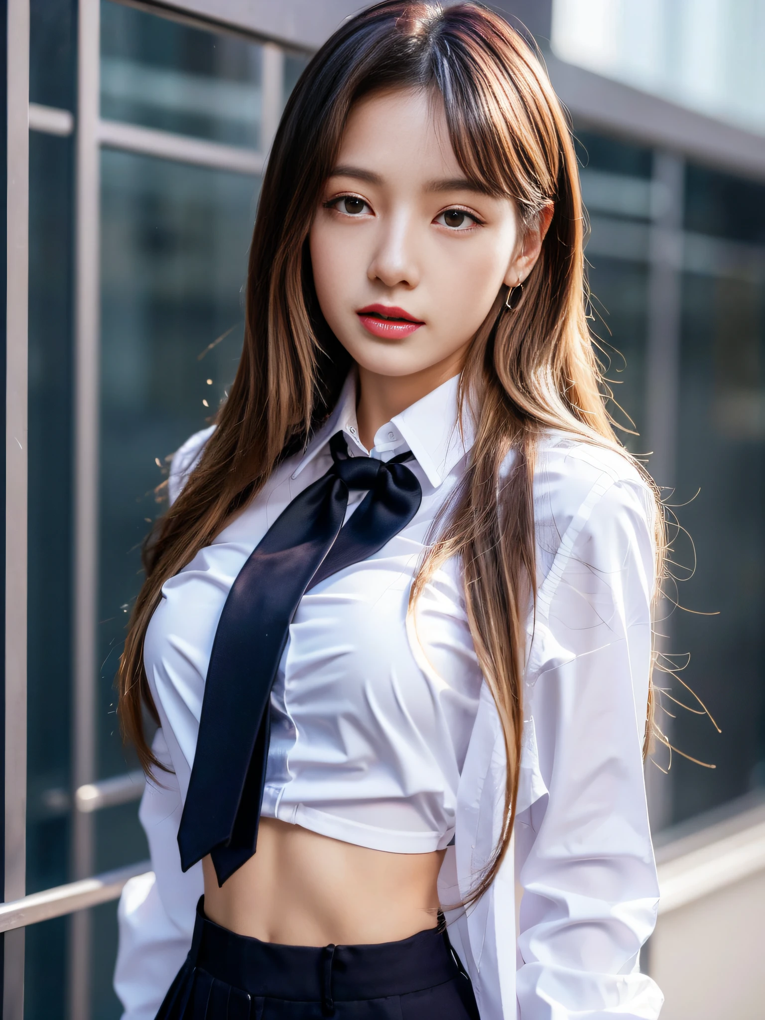 Lisa yellow long hair, Lisa face shape, Korean school uniform, white shirt, black tie, open waist, sexy, suit, full body photo, campus background, excellent, realistic, HD, photography lighting, 16k