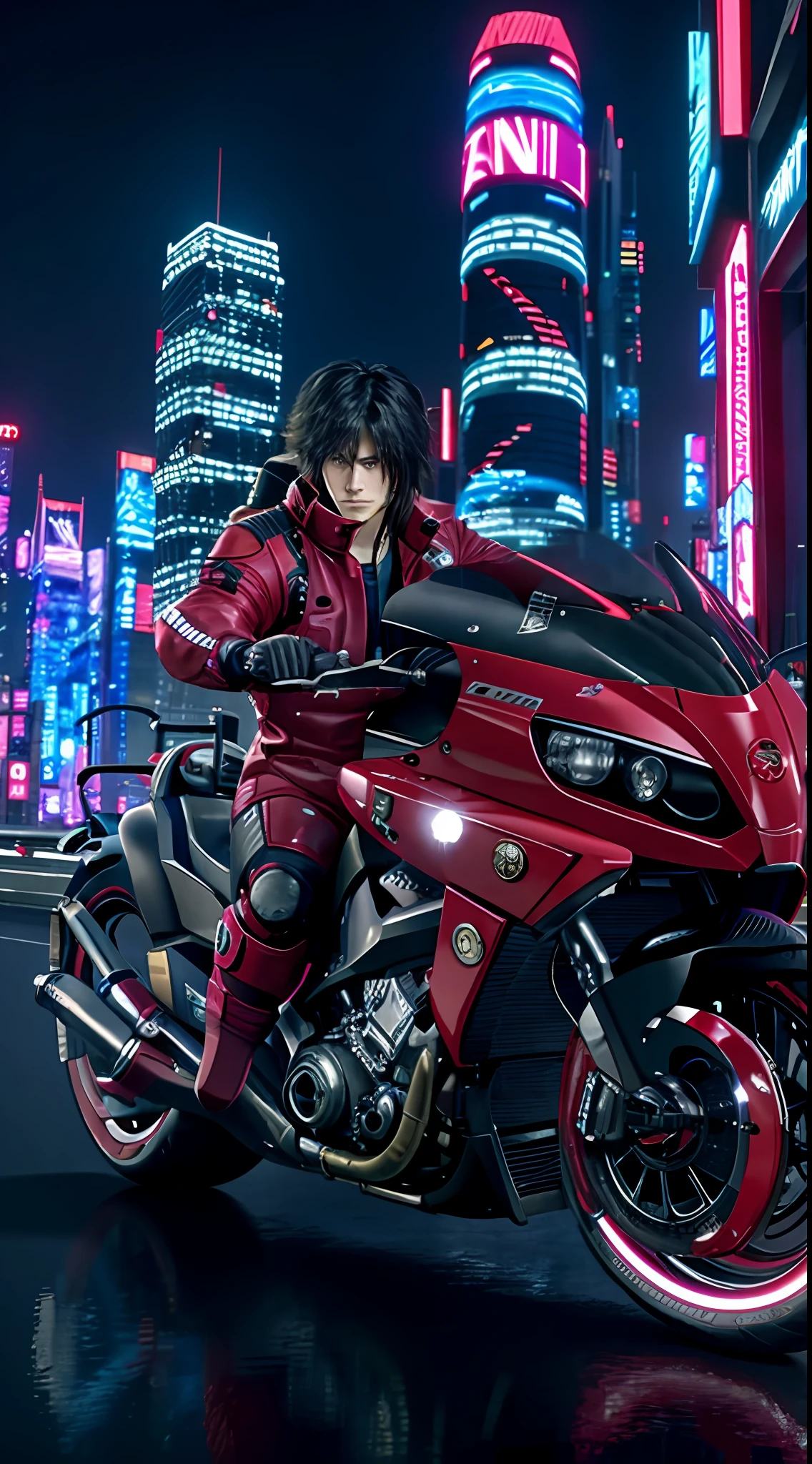 official art, unity 8k wallpaper, ultra detailed, beautiful and aesthetic, masterpiece, best quality, realist, long hair, black hair, akirabike red, cycling, night, cyberpunk city view, epic screen, cyberpunk uniform,