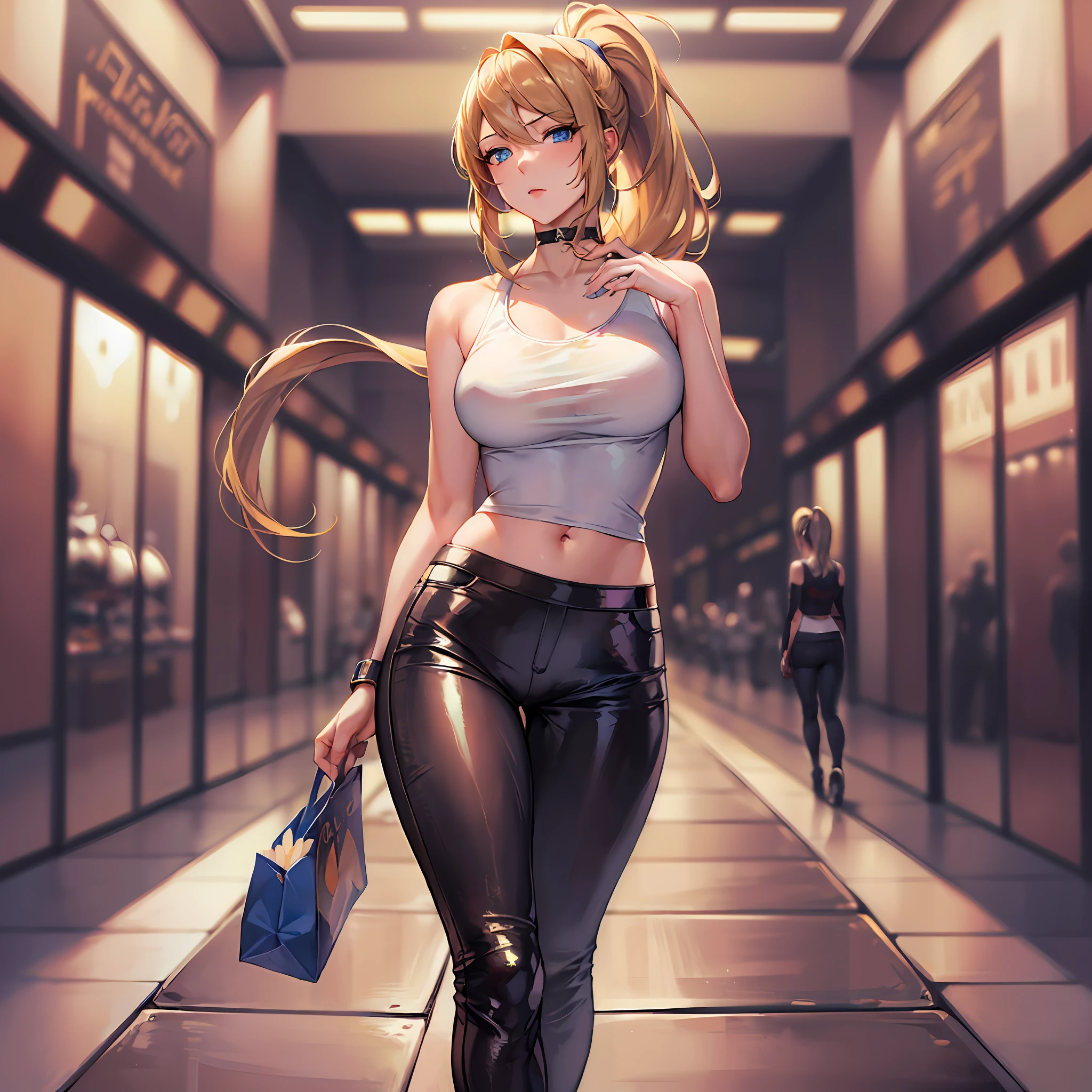 (masterpiece, best quality) 1.5, 1girl, solo, (sexy, beautiful woman, perfect face, perfect eyes), samus aran, leather legging pants, white t-shirt with neckline, white sneakers, walking in the mall, (blue eyes, blonde hair, ponytail) --auto --s2