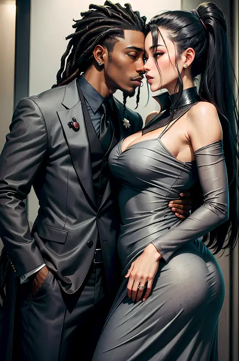 Romantic couple kissing on the mouth, beautiful Japanese woman(officer lady)in gray suit,black man in black suit shaved black hair dreads