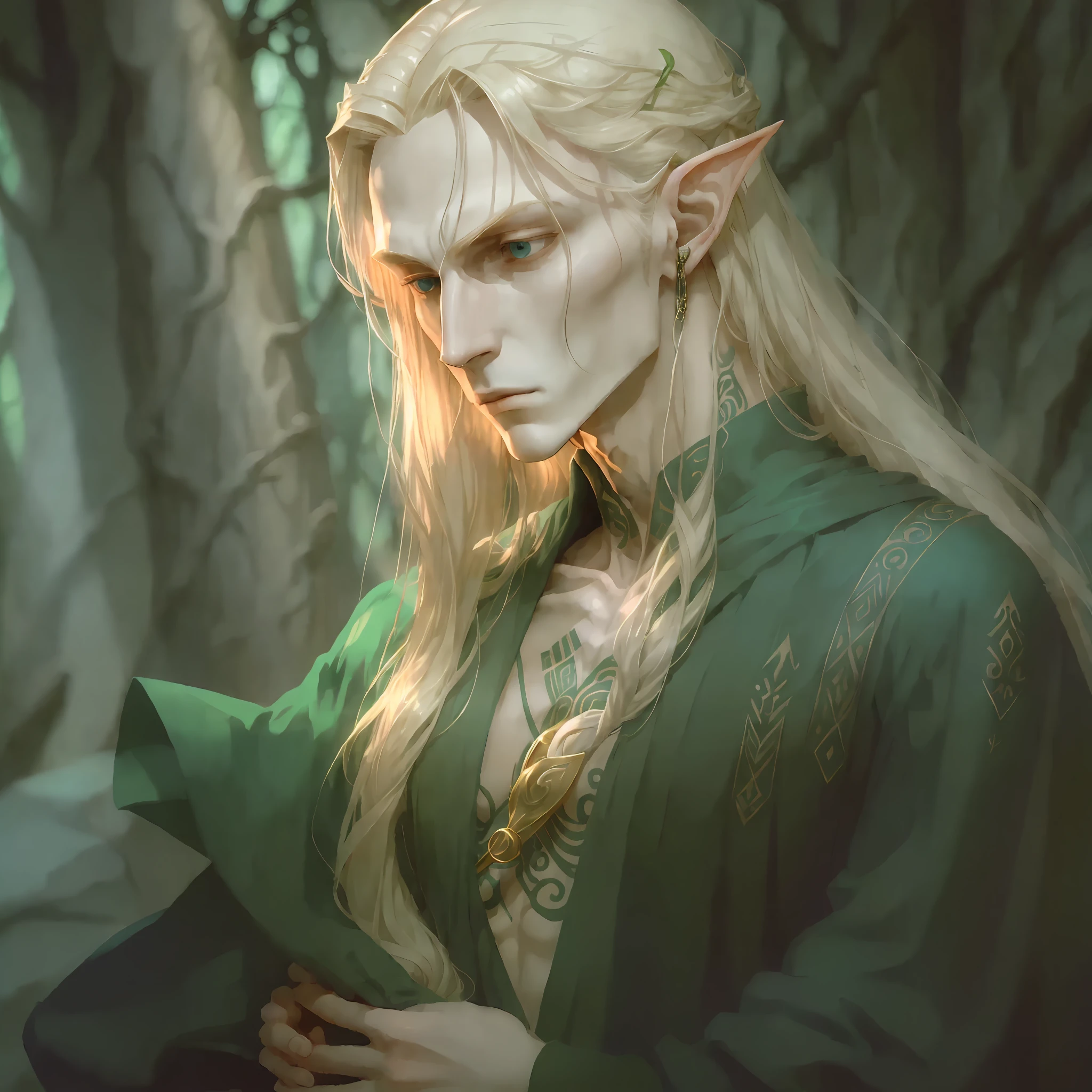 The elf is a tall, slender and elegant being with long blonde hair and bright green eyes. On his fair skin, there are tattoos in the form of sigils of knowledge, which represent his wisdom and skill in magic. He is calm and serene, always watching closely what is happening around him. His presence conveys a sense of peace and tranquility, and his voice is soft and melodic. He is a dedicated scholar, always in search of new knowledge and mysteries to unravel. --auto --s2