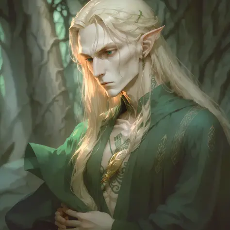 the elf is a tall, slender and elegant being with long blonde hair and bright green eyes. on his fair skin, there are tattoos in...