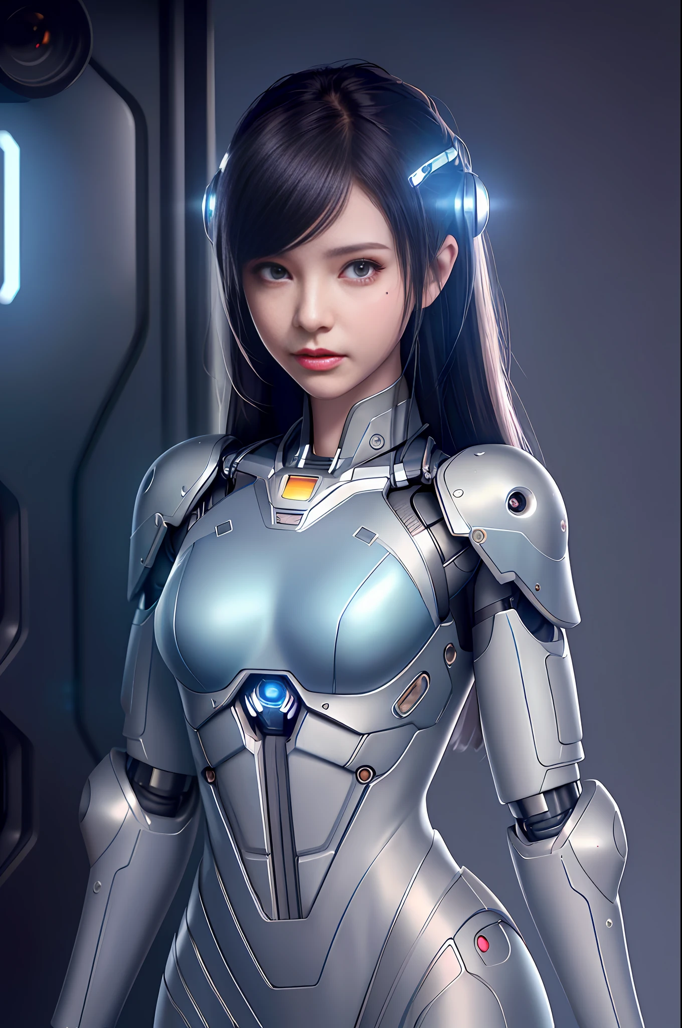 Dystopian, [sci-fi], High Detail RAW color Photo, Full Shot, of (cute female arterial intelligence, cybernetic enhancements), indoors, standing, (inside cryogenic chamber, in advanced cyberpunk research facility), toned physique, (small perky breasts, normal, large ass, (pale skin), (cybernetic implants:1.2), (augmentations), (cyborg:1.1), (detailed skin, diffused skin pores), silicone, metal, (highly detailed, fine details, intricate), (lens flare:0.4), (bloom:0.4), diffused soft lighting, raytracing, shallow depth of field, (Oliver Wetter), photographed on a Canon EOS 5D, 90mm micro lens, f/8, sharp focus, smooth, cinematic film still from Blade Runner 2049, [Cyberpunk:Dieselpunk:0.25]