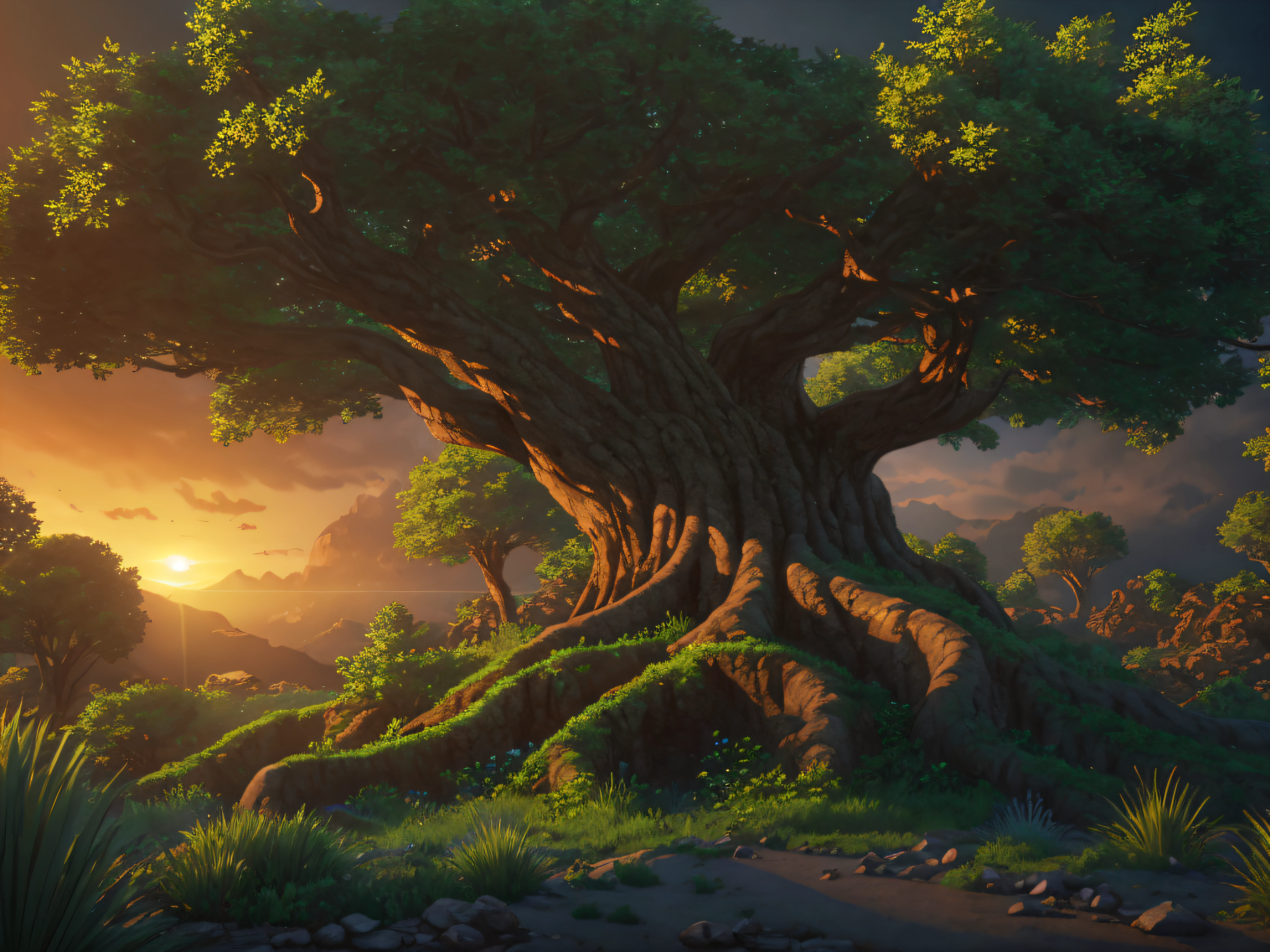 A quiet place, very pleasant, aesthetic, calm, landscaped. tree of life, thick and twisted trunk, day dawning, photorealistic, 8k uhd, studio quality, ultra realistic, post-processing, realistic, photorealism, photoshop, landscape photography, wide-angle lens, detailed, cinematic lighting, landscape, panoramic, landscape, raytracing, cinema4d