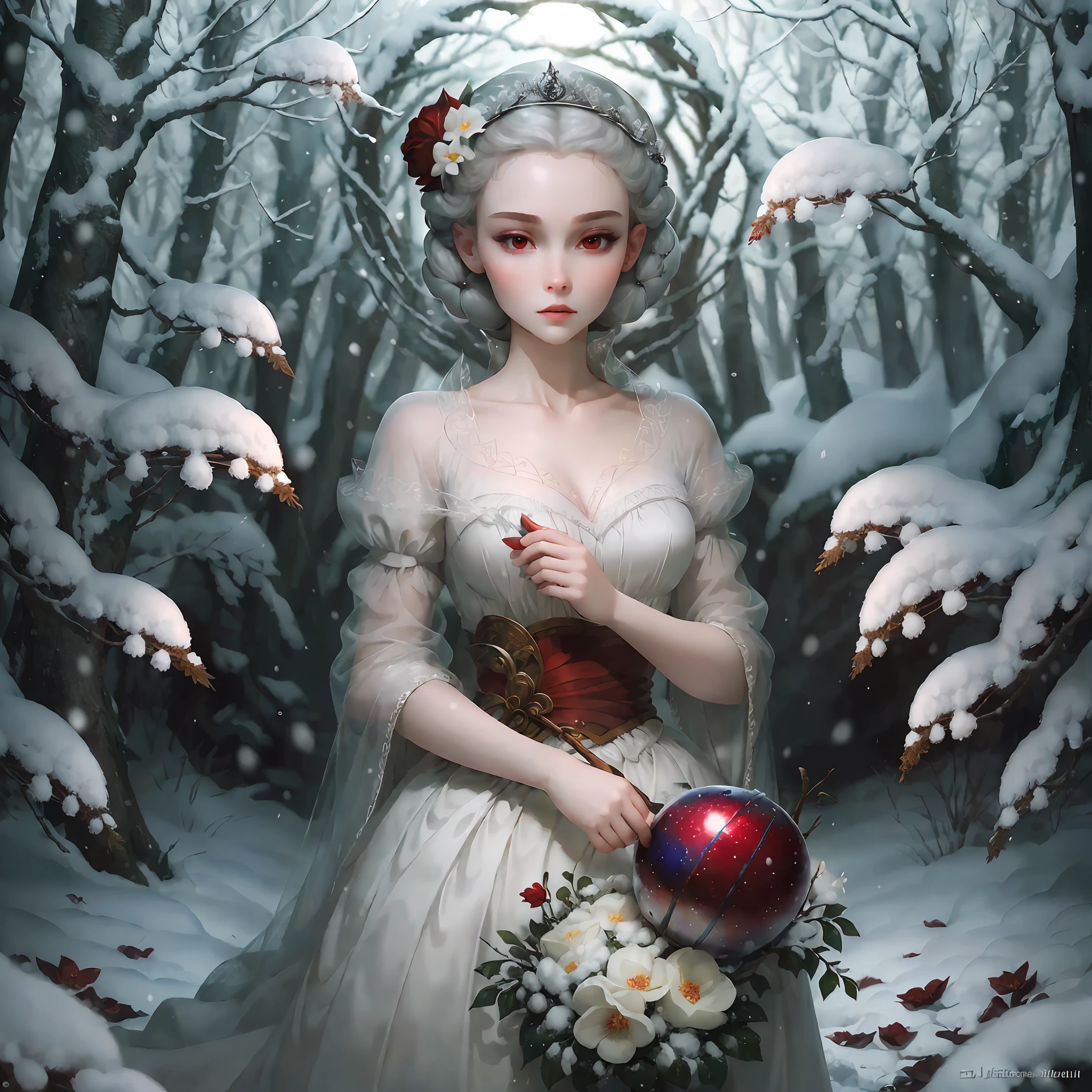 Best quality, Masterpiece, ultra definition, ultra realistic, perfect skin, snow white, flowers, snow white in the forest, perfect face, snow white, very red mouth. --auto --s2