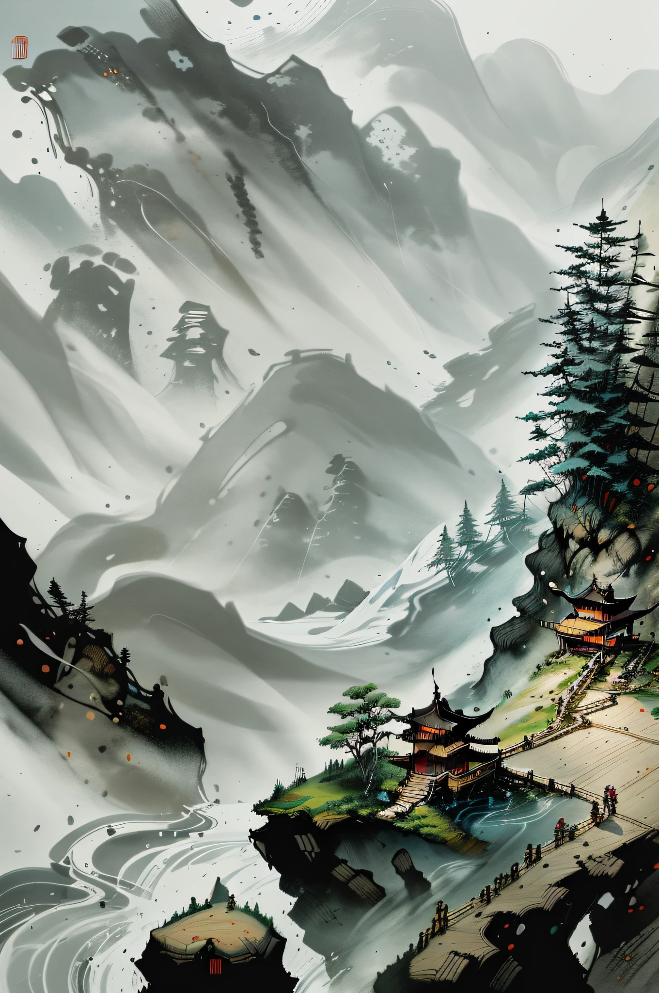 Chinese martial arts style, with vast sky, continuous mountains and steep cliffs, ink wash style, outline light, atmospheric atmosphere, depth of field, mist rising, bamboo, pine trees, stone pavilions, waterfalls,ink