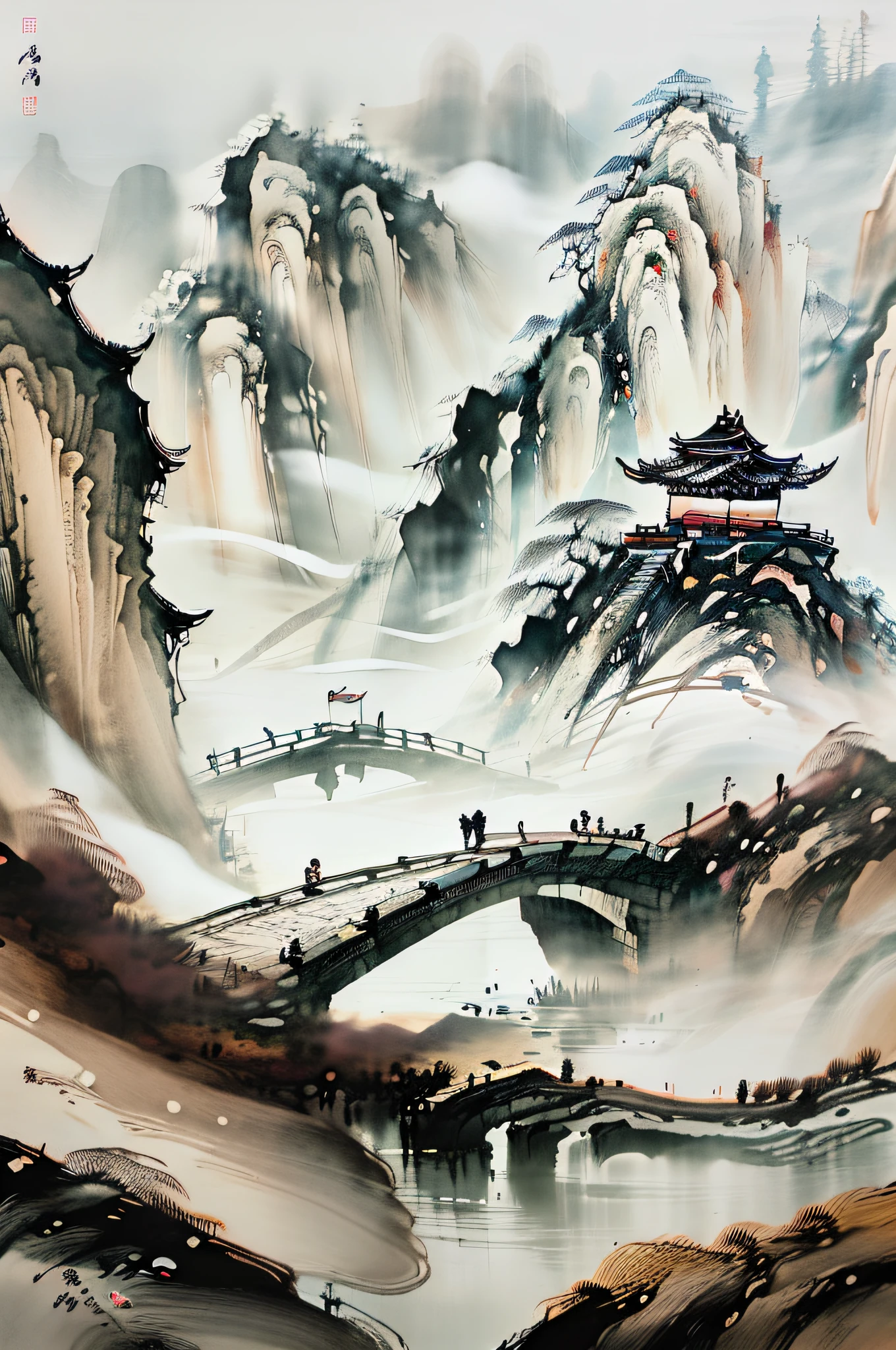 中國武術風格, 和廣闊的天空, 連綿的山脈和陡峭的懸崖, 墨水 wash style, 輪廓光, 大氣層, 景深, 薄霧升起, 竹子, 松樹, 石亭, 瀑布,墨水