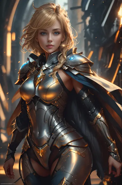 A 25-year-old woman, full body, with medium blonde hair and realistic silhouette defined, eyes fixed on the front camera, wrapped in a blue cape and a hyper detailed metal armor, all in a FULL HD 8K quality of high definition, ultra detailed definition.