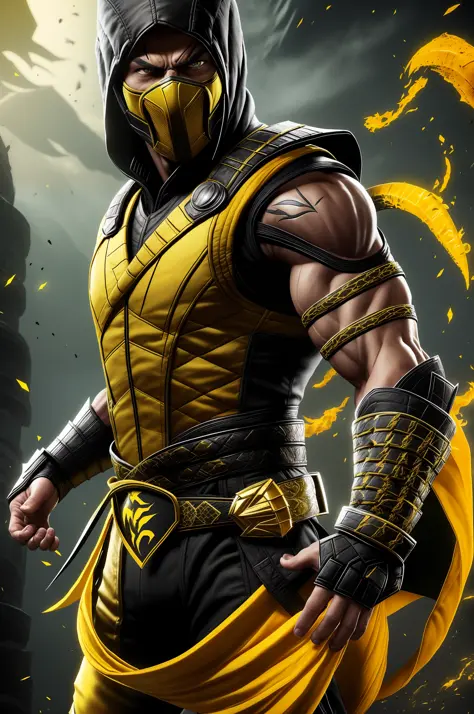 a close up of a man in a yellow and black outfit, scorpion from mortal kombat, character from mortal kombat, mortal kombat 11, in mortal kombat, mortal kombat, scorpion, hq 4k phone wallpaper, mk ninja, phone wallpaper, hq 4k wallpaper, snoop dogg in morta...