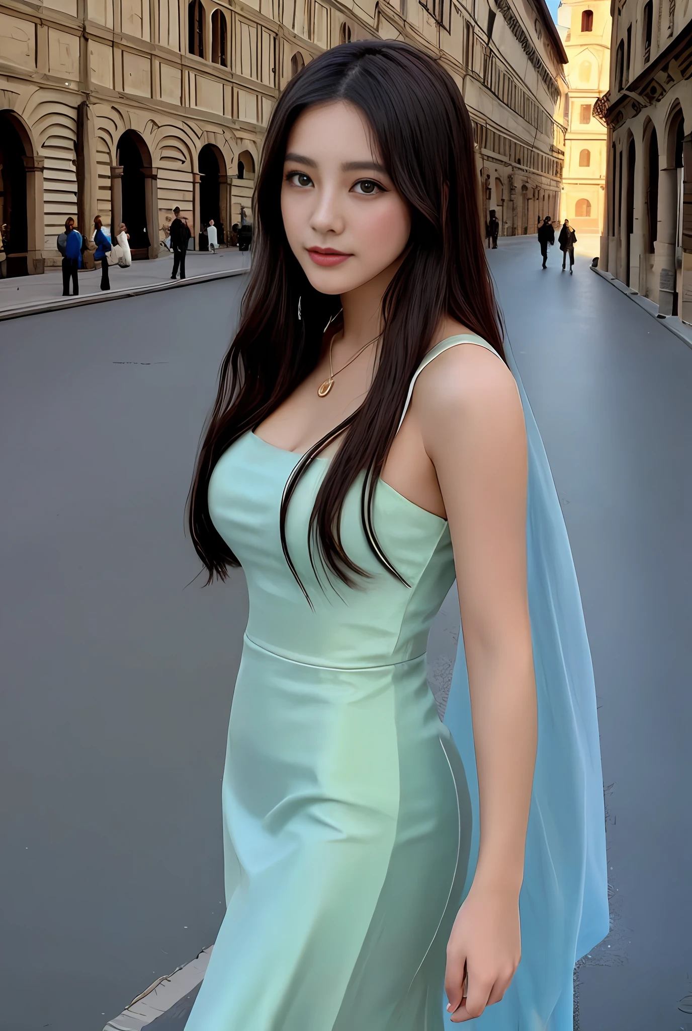 Model shooting style, (extremely detailed CG Unity 8k wallpaper), full-shot body photo of the most beautiful artwork in the world, stunning beautiful photo realistic available, an ultra-realistic ultra-detailed photo, a beautiful girl as a female dancer on the street of Florence, intricate dress, gold,banquet, crowd, [slight smile],(Palazzo Vecchio And Piazza della Signoria background), (princess eyes, shining pupils), detailed symmetrical beautiful hazel eyes, detailed gorgeous face, highly detailed, vibrant, professional majestic oil painting, By Ed Blinkey, Atey Ghailan, Studio Ghibli, Jeremy Mann, Greg Manchess, Antonio Moro, ArtStation Trends, CGSociety Trends, Complex, High Detail, Sharp Focus, Dramatic, Photorealistic Painting Art by Midjourney and Greg Rutkowski