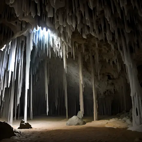 liminalspaces, A vast underground cave, stalactites and stalagmites reaching towards each other in a silent dance.