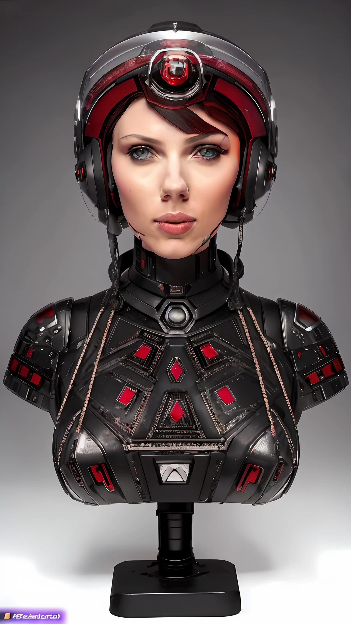 A closeup of a bust of Scarlet Johanssom wearing a helmet, beautiful portrait sci - fi girl, cyborg fashion model, beautiful cyberpunk woman model, futuristic fashion woman, female android sci-fi, futuristic clothes and helmet, angry cyberpunk beautiful goddess, cute cyborg girl, female face cybernetic machine, portrait of an android woman, beautiful cyberpunk girl face,  Beautiful android female