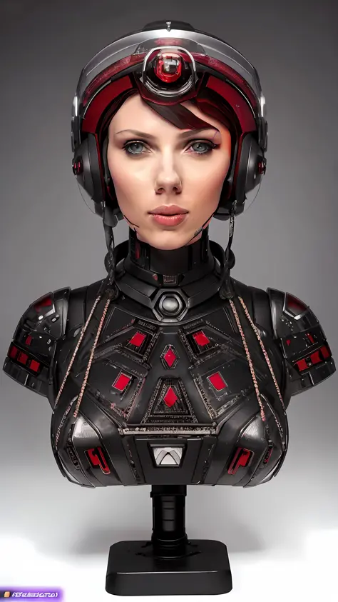 A closeup of a bust of Scarlet Johanssom wearing a helmet, beautiful portrait sci - fi girl, cyborg fashion model, beautiful cyb...