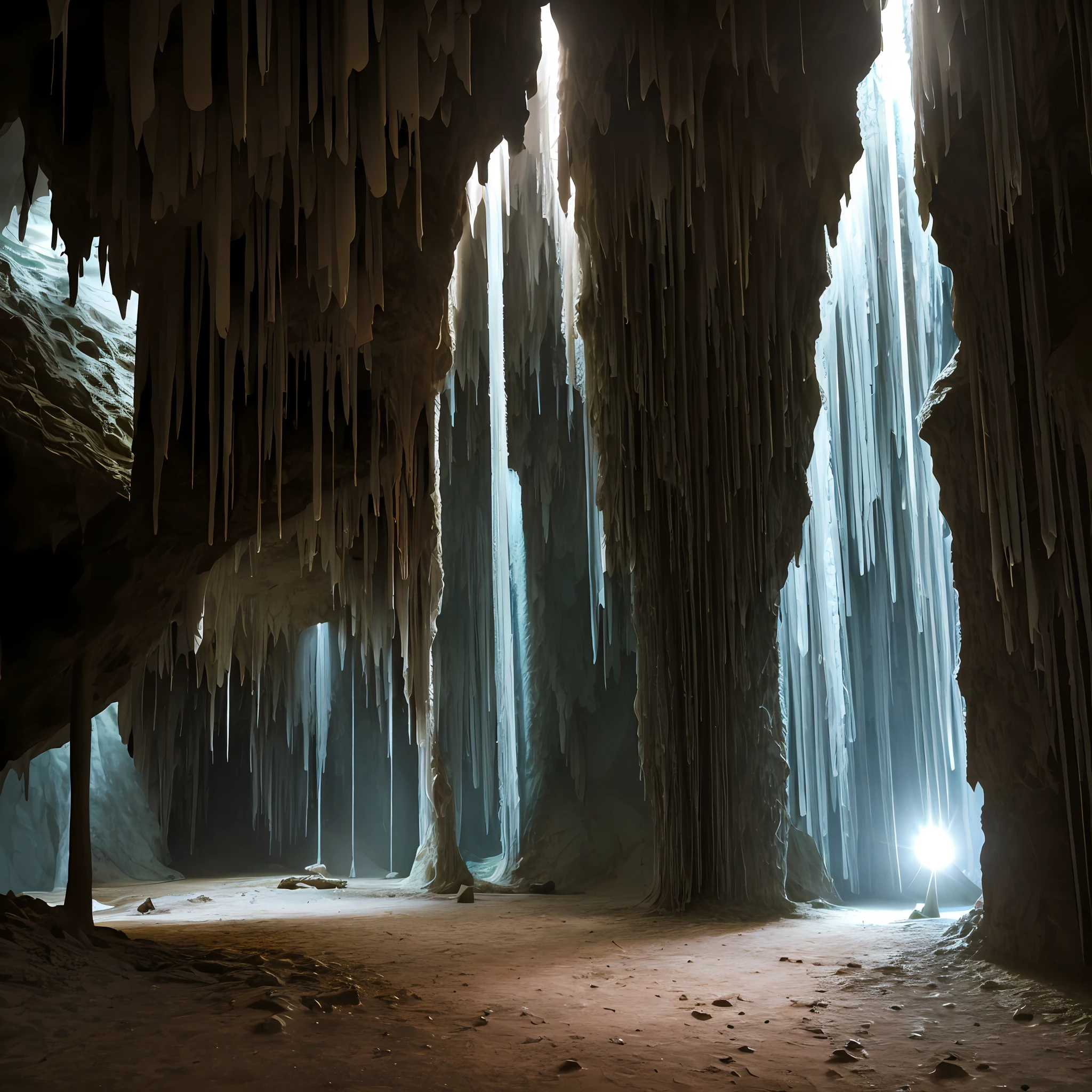 liminalspaces, A vast underground cave, stalactites and stalagmites reaching towards each other in a silent dance.