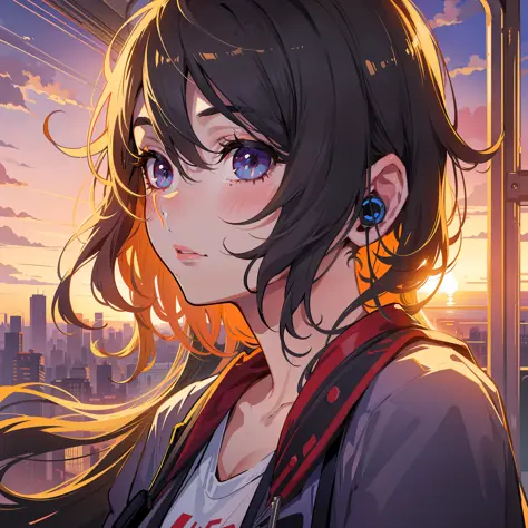cute girl in the train, in love, vivid eyes, alone, with headphones, sunset, gorgeous, loose clothes, messy hair, digital art, masterpiece, high details, intricate, perfect face, traced lights, peace