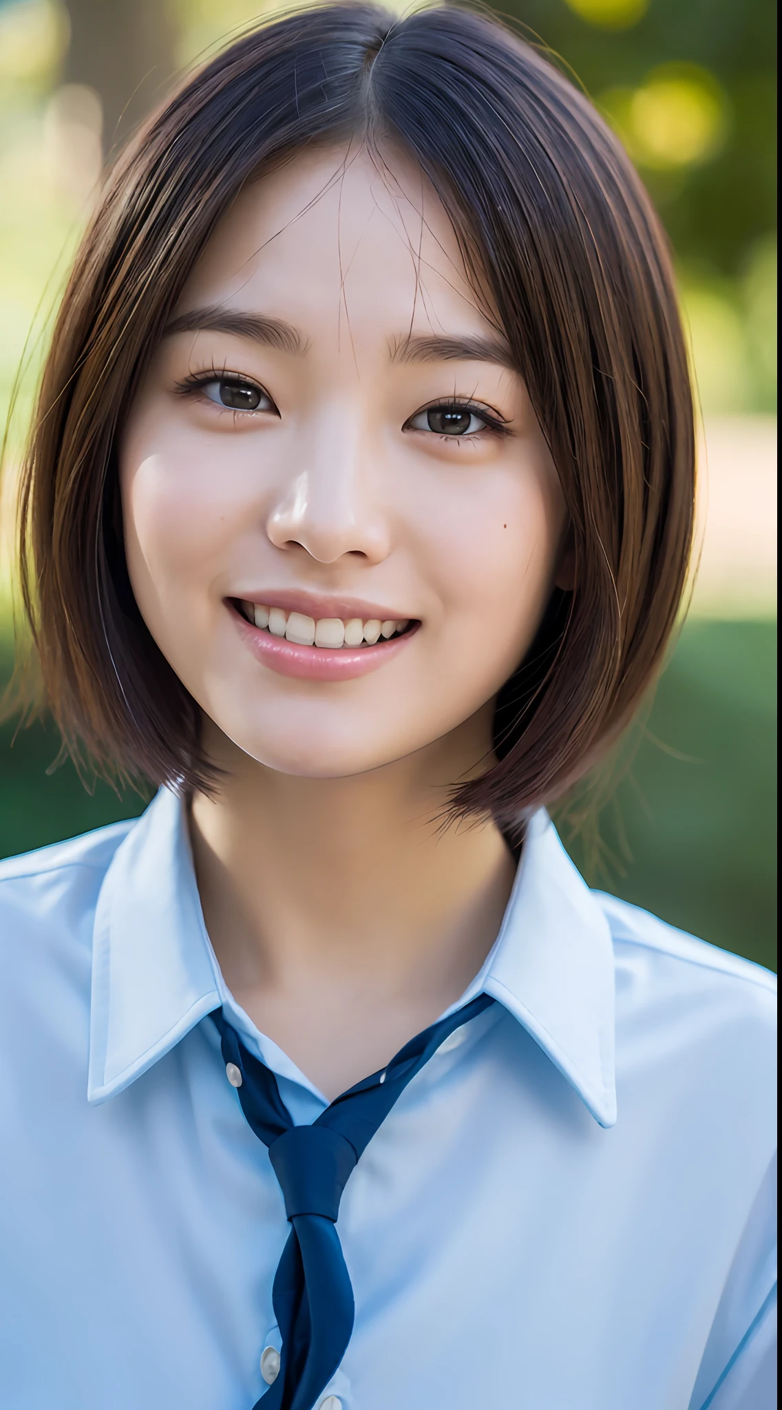 (8k, RAW Photos, Best Quality, High Resolution: 1.1), (Ultra Realistic: 1.4), (Realistic, Photorealistic: 1.3), Soft Light, Japan Schoolgirl, Realistic Face, Realistic Body, Realistic Skin, Absurdity, Masterpiece, (Cute: 1.8), Cuties, Solo, (Large: 1.2), Detailed Black Eyes, Innocent Eyes, Cheeks, (Japan High School Uniform: 1.2), Cinema Light, Film Grain, (((Short Bob Hair: 1.1)), Cherry Colored Lips, Close Up, Look Viewer, Upper Body, Open Lips, Upper Teeth, (Smiling Eyes: 0.6), ((grinning: 1.2)), Depth of Field, Blurred Background, Eye Focus, Bokeh, 85mm Lens, f/1.4, Professional Lighting, Young, Portrait, Photon Mapping, Radiosity, Physically Based Rendering