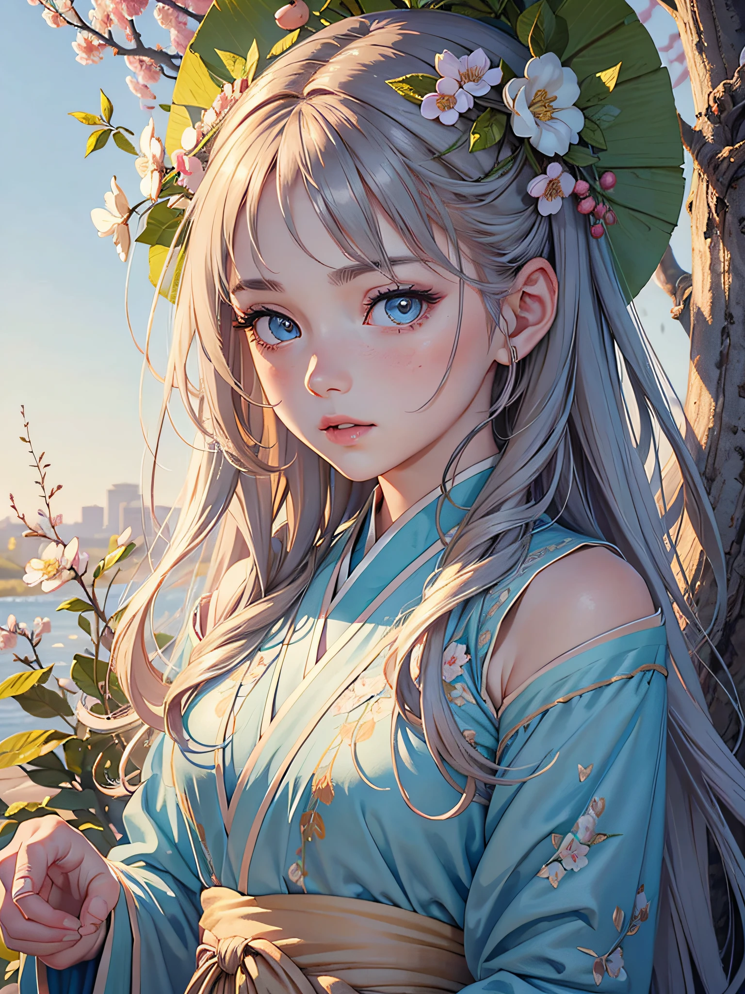 Highest image quality, best quality, unlimited details, 8k resolution, a delicate beautiful girl, goddess, fairy fluttering, beautiful eyes, charming eyes, moist lips, light blue long hair, melon seed face, detailed portrayed face, detailed portrayed expression, detailed portrayed facial features, master masterpiece, full of details, detailed portrayed background, detailed portrayed characters, detailed portrayed hair, detailed portrayed hair, detailed portrayed body, detailed portrayed hands, detailed portrayed clothes, detailed portrayed face, perfect face, Hair, realistic, complex Hanfu, full body portrait, peach tree background, body in the street, people come and go