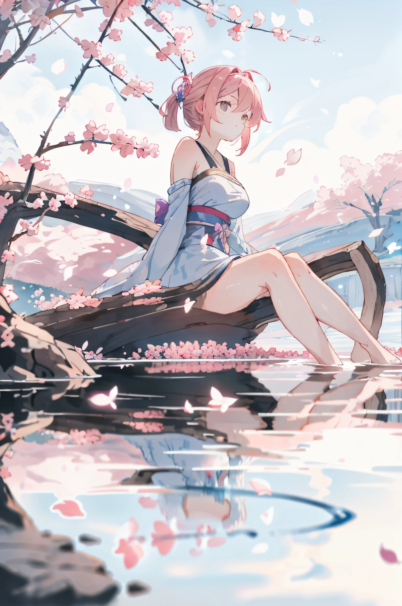 masterpiece, best quality, ultra-detailed, illustration, 1girl, solo,((sitting in the shallow water, surrounded by pink sakura petals floating on the water)), butterfly, wisteria, electricity, blue sky, cloudy sky,(large breasts), ((eye focus)), expressionless, critical angle, bokeh, depth of field, ((eye focus)), light glowing particles, arms behind back,